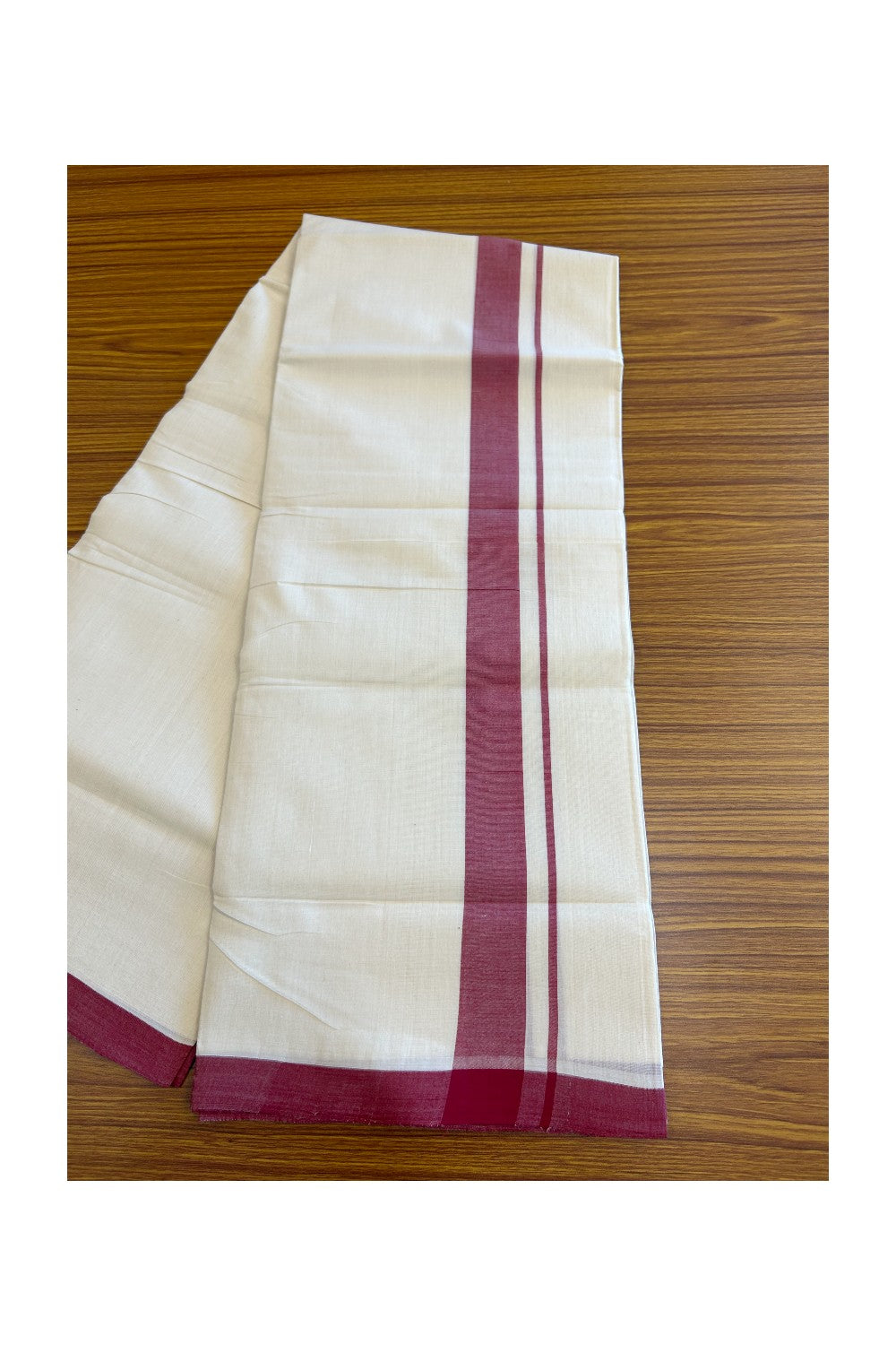 25% Discount! KaithariKada HANDLOOM UNAKKUPAAV Balaramapuram - 100% Cotton Double OFF White (Unbleached) - Mundu/Dhoti - 100x100 2 inch Mraroon Kara - 8KK5096YAR