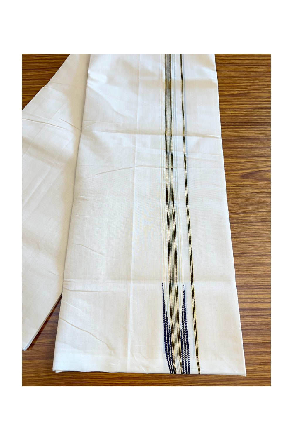 30% DISCOUNT!! KaithariKada HANDLOOM Millpaav Balaramapuram - 100% PURE Cotton OFF White Double - (Unbleached)Mundu/Dothi - 1.25 inch Puliyilakkara Kasavu & Navy Blue Striped Chutty - 9KK5123RAM