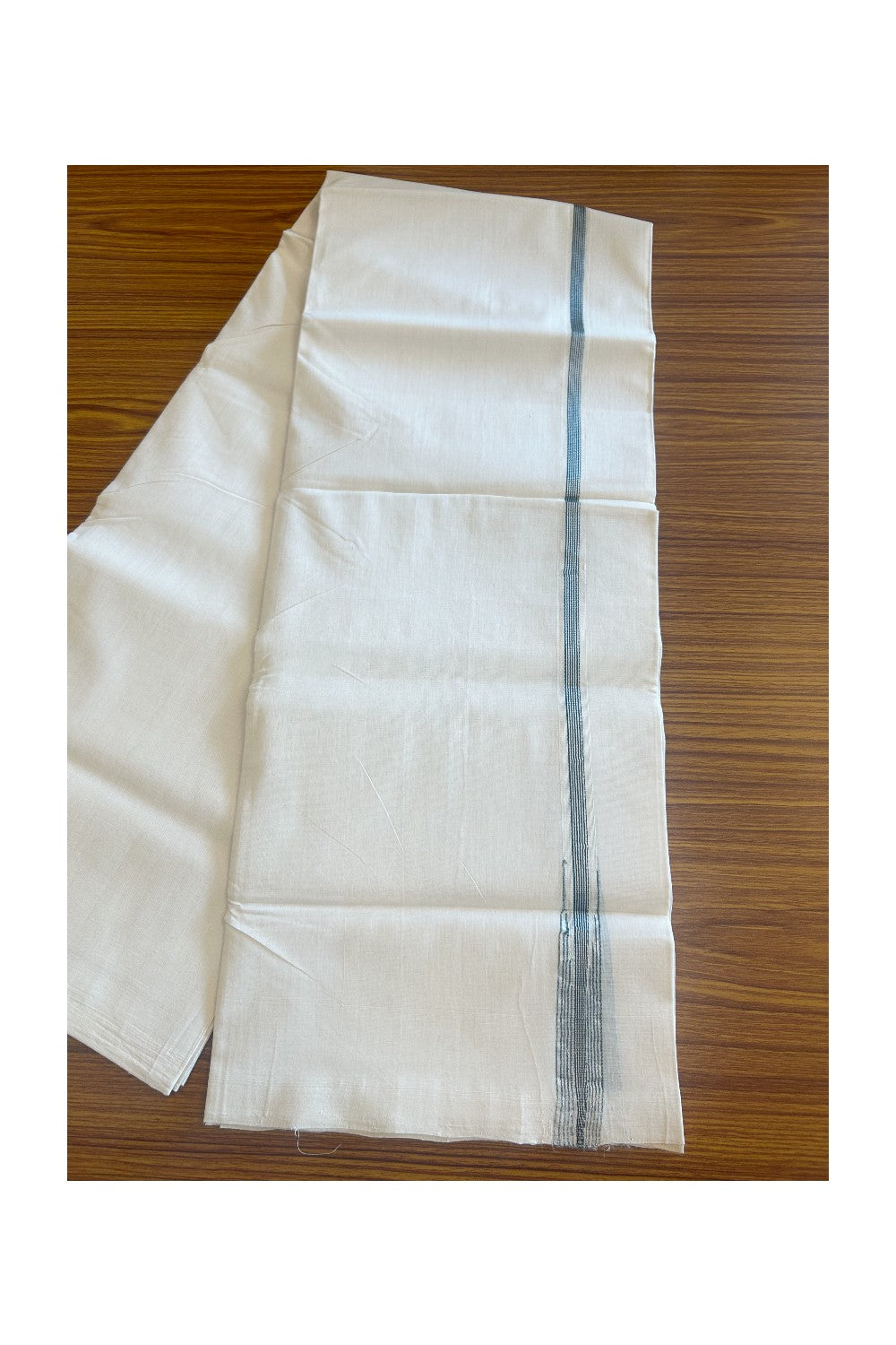 30% DISCOUNT!! KaithariKada HANDLOOM UNAKKUPAAV Balaramapuram - 100% PURE Cotton OFF White - (Unbleached) Double Mundu/Dothi - 0.75 inch Green & Silver Striped puliyilakkara chutty - 9KK5128YAR