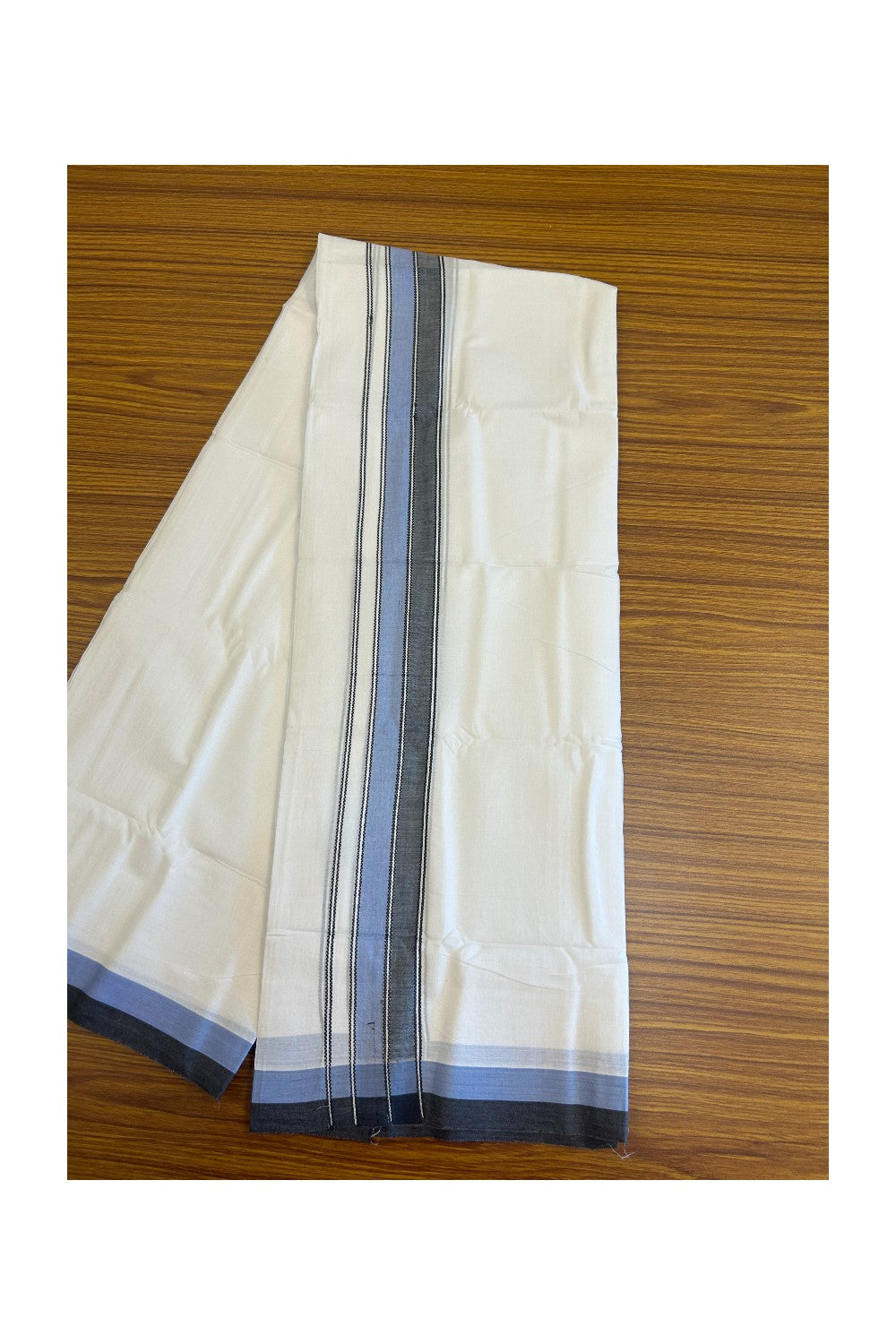 28% DISCOUNT! KaithariKada Balaramapuram 100% Cotton PURE WHITE Double Mundu/Dhoti - 100x80 - 1.75 inch Blue & Black shaded designer kara - 9KK5134THI