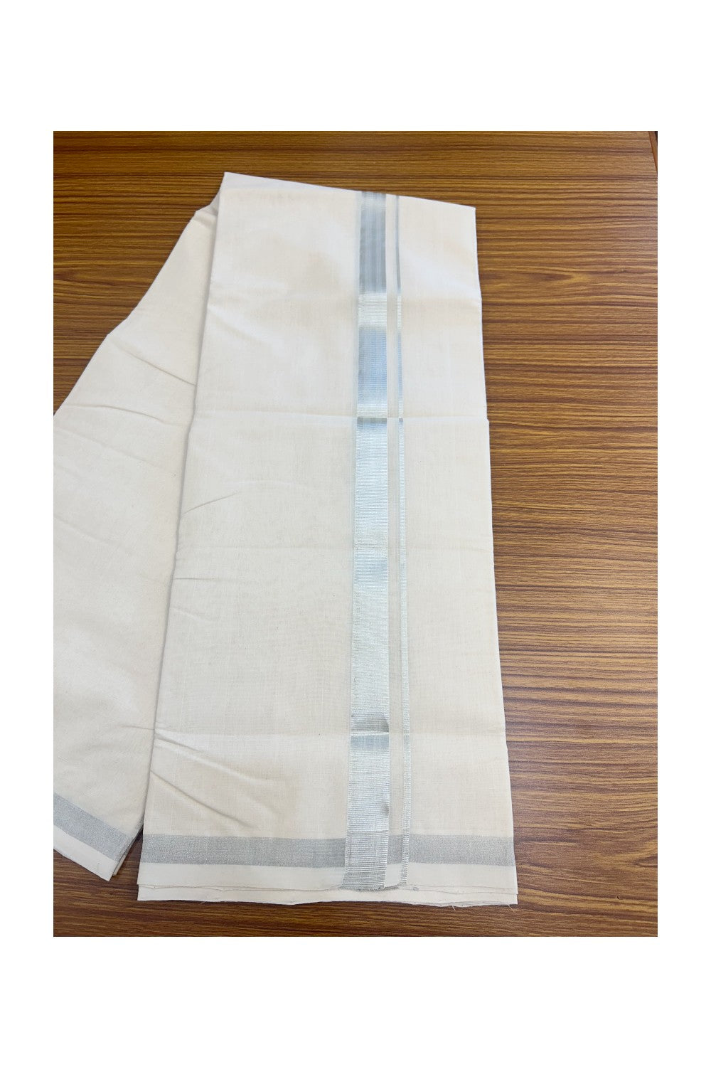 25% DISCOUNT! KaithariKada HANDLOOM Millpaav Balaramapuram - 100% PURE Cotton Off White - (Unbleached) Double Mundu/Dhoti - 2.5 cm Silver Kasavu Striped kara - 9KK5136RAM