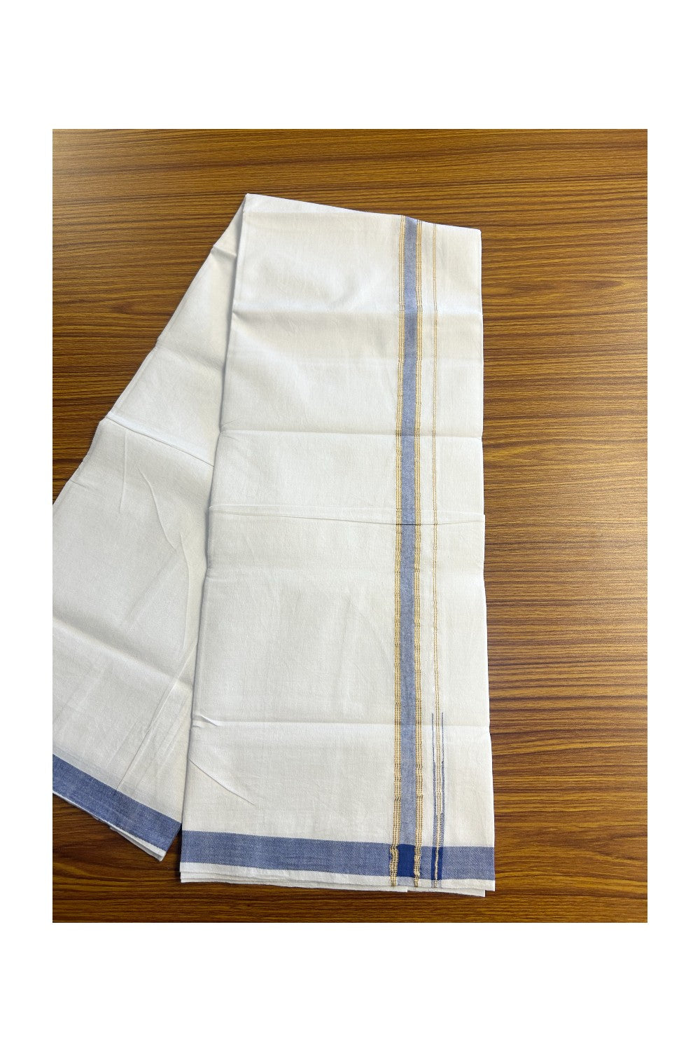 SIGNATURE KAITHARIKADA EXCLUSIVE SINGLE DHOTI - 20% Discount!!  100% Cotton Balaramapuram HANDLOOM Single Mundu/Dhoti - PURE WHITE - 1 inch Lavender Blue & Gold striped kara  (2 meters /4 muzham) - 7KK5146KAI