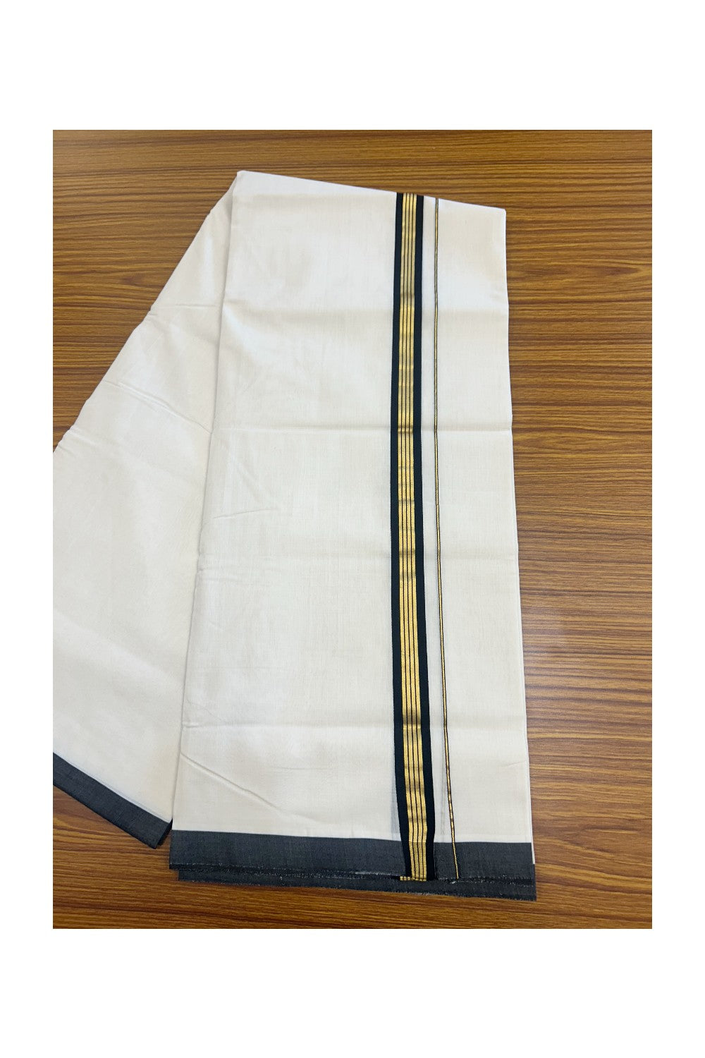 30% DISCOUNT!! KaithariKada HANDLOOM UNAKKUPAAV Balaramapuram - 100% PURE Cotton OFF White Double - (Unbleached)- Mundu/Dothi - 1 inch Black & Gold Kasavu Striped Kara 4.5 Meters (10 Muzham) - 9KK5160REA