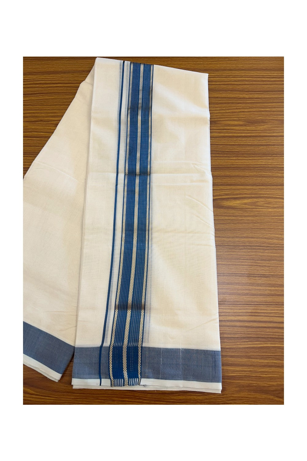 27% DISCOUNT!! KaithariKada HANDLOOM millpaav Balaramapuram - 100% PURE Cotton OFF White - (Unbleached) Double Mundu/Dothi - 2 inch Peacock blue colour kasavu  & Gold Kasavu Striped kara - 6KK5162RAM