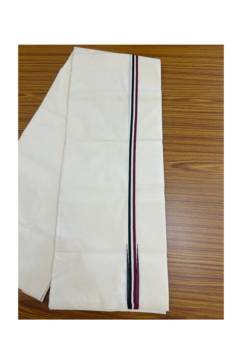 ADMK VESHTI 29% DISCOUNT ! KaithariKada Balaramapuram 100% COTTON SINGLE OFF WHITE (Unbleached) Mundu/Dhoti-100X100- 1 inch Puliyilakkara Maroon & Black Chutty Kara (2 metre / 4 muzham) - 10KK5168ASH