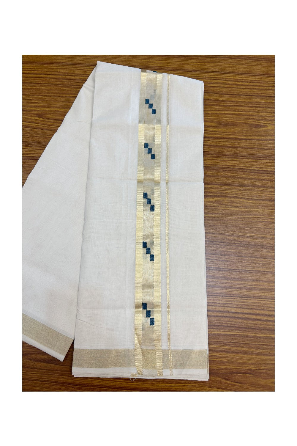 25% DISCOUNT ! KaithariKada HANDLOOM Unakkupaav Balaramapuram - 100% PURE Cotton Off White - (Unbleached) Double Mundu/Dhoti - 100x100 - 2 inch Gold Kasavu Center tissue & Green Designer Kara - 9KK5176ABH