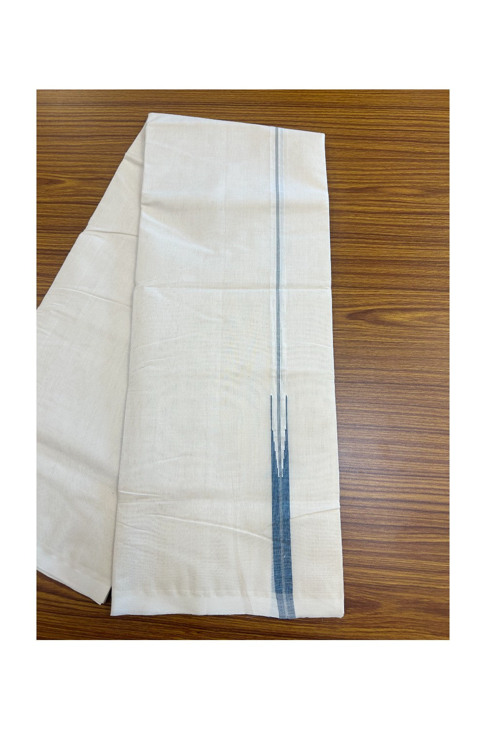 25% DISCOUNT!! KaithariKada HANDLOOM MILPAAV Balaramapuram - 100% PURE Cotton OFF White Double - (Unbleached) Mundu/Dothi - 100x100 - 0.75 Inch Peacock blue striped chutty - 8KK5177RAM