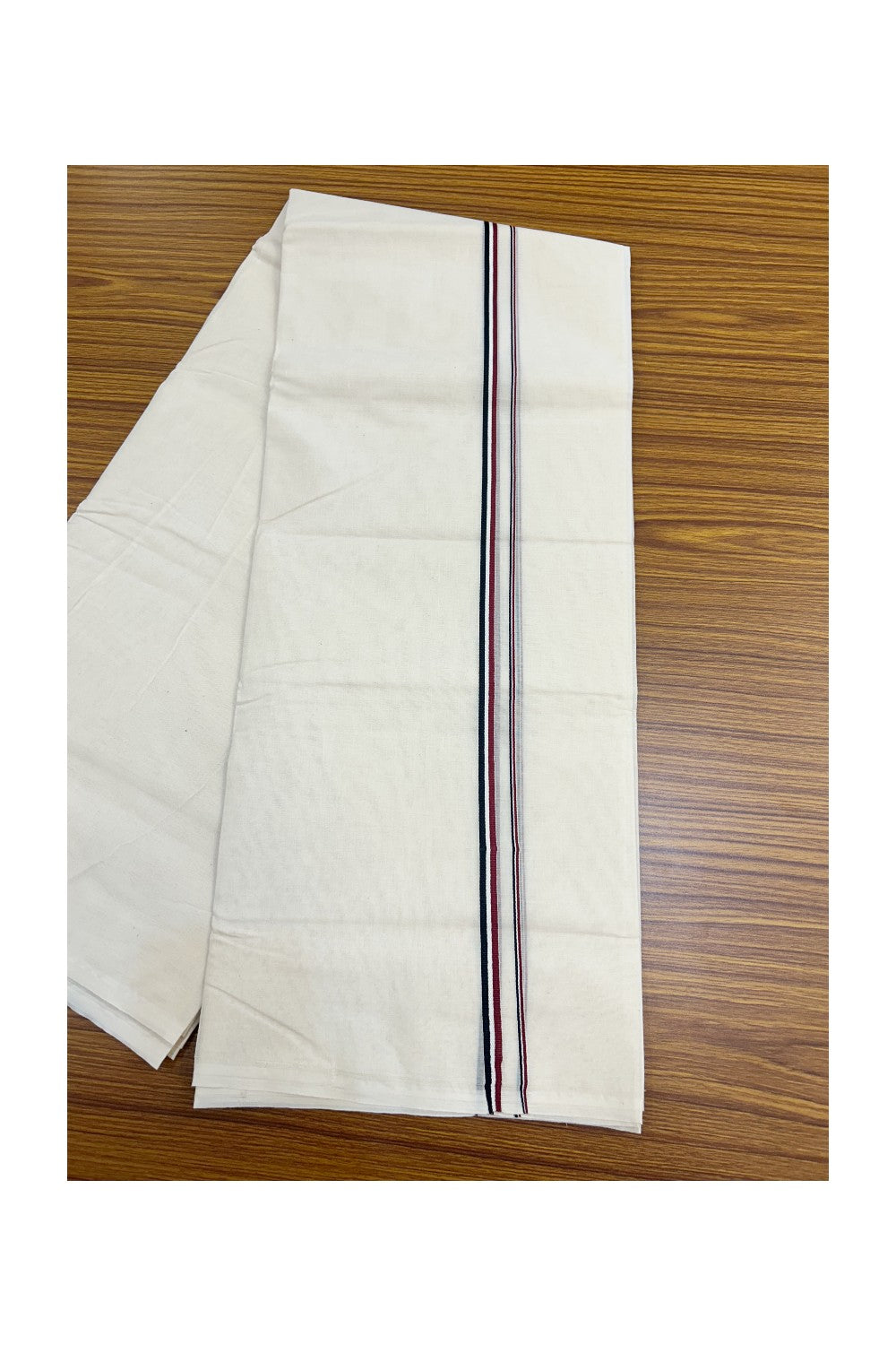 ADMK VESHTI - 17% DISCOUNT! KaithariKada 100% Cotton off white Double - (Unbleached) Mundu/Dhoti - 100X100 - 0.5 inch Black White & Maroon kara - 9KK5178ASH