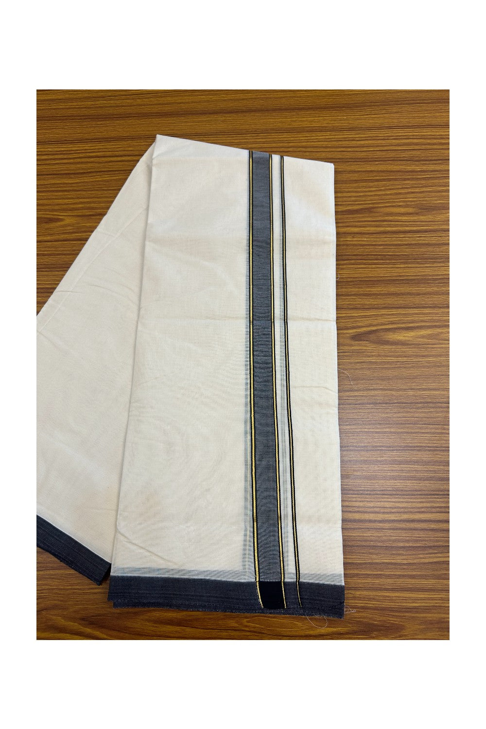 SHORT DHOTI SPECIAL! Kaitharikada.com 30% DISCOUNT! KaithariKada Balaramapuram 100% Cotton  Off white (Unbleached) Double Mundu/Dhoti-100x100 - 1.25 inch Kara & 46 inches Height Navy Blue & Kasavu Striped Kara- 9KK5179ASH