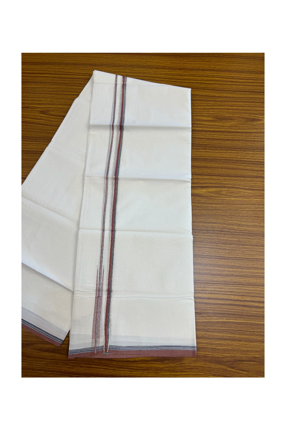 20% Discount !! Kaitharikada Balaramapuram 100% Cotton PURE WHITE DOUBLE Mundu/Dothi- 100X80 Thread - 0.5 inch - Silver Kasavu Black & Brick Red Design Chutty Kara - 9KK5184RAMS