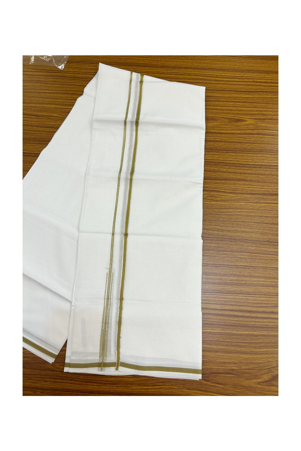 20% Discount !! Kaitharikada Balaramapuram 100% Cotton PURE WHITE Double Mundu/Dothi - 100x80 - 0.25 inch Silver Kasavu & Olive Yellow Chutty Kara - 9KK5191CKS