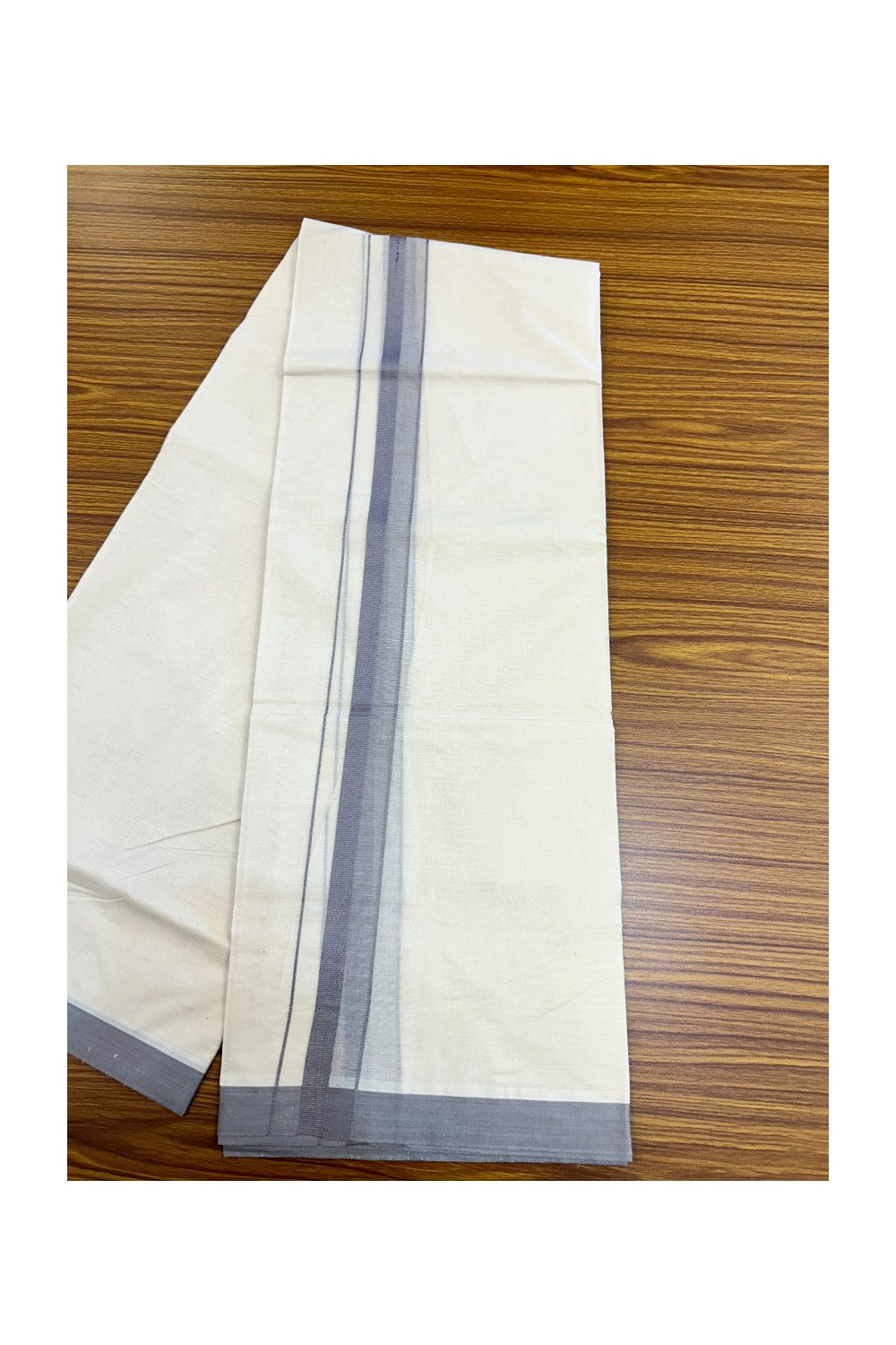 24% Discount ! KaithariKada Balaramapuram 100% Cotton Double OFF WHITE- (Unbleached) - Mundu / Dhoti- 100x80 - 1.5 inch Ash Grey Kara - 9KK5214 MC