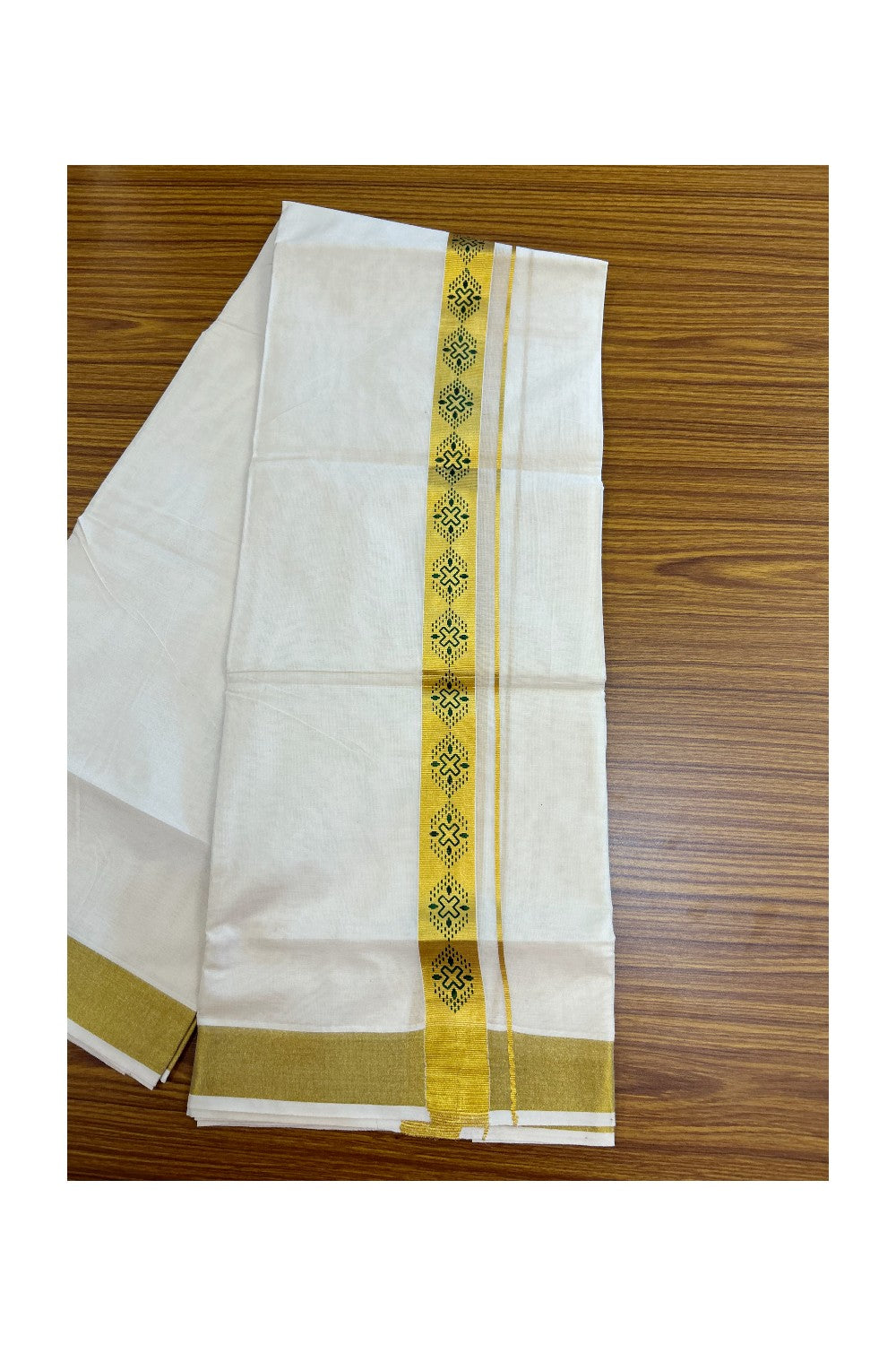 22% Discount!! KaithariKada Balaramapuram 100% Cotton DOUBLE OFF WHITE - (Ubleached) Mundu/Dhoti - 80x90 - 1.5 inch Gold Kasavu with Dark Green Printed Design Kara - 9KK5219 GAN