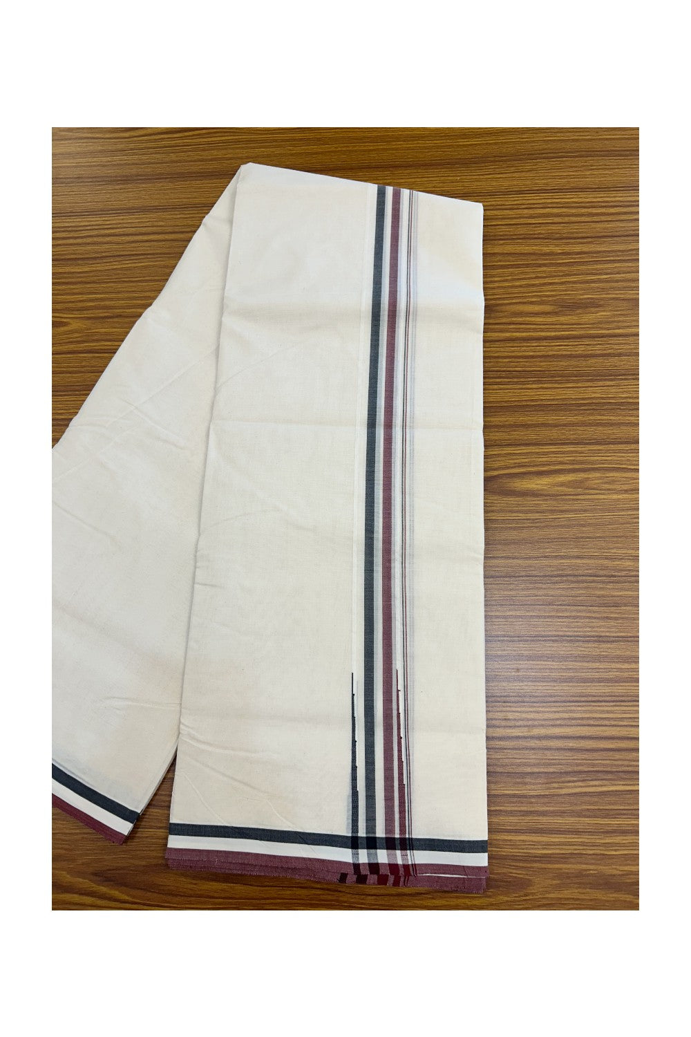 ADMK VESHTI - 20% DISCOUNT! KaithariKada 100% Cotton off white Double - (Unbleached) Mundu/Dhoti - 100X100 - 2.25 inch Puliyilakkara Black White & Maroon Shaded Chutty kara - 9KK5226 ASH