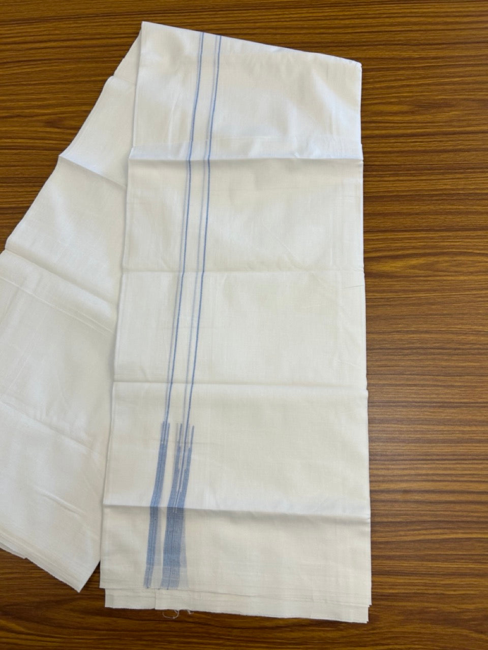 20% DISCOUNT!! NEW!! KaithariKada Balaramapuram 100% Cotton PURE WHITE Double Mundu/Dhoti - (100x80)s - 0.75 inch Blue Line chutty - 9 KK5249 VIN