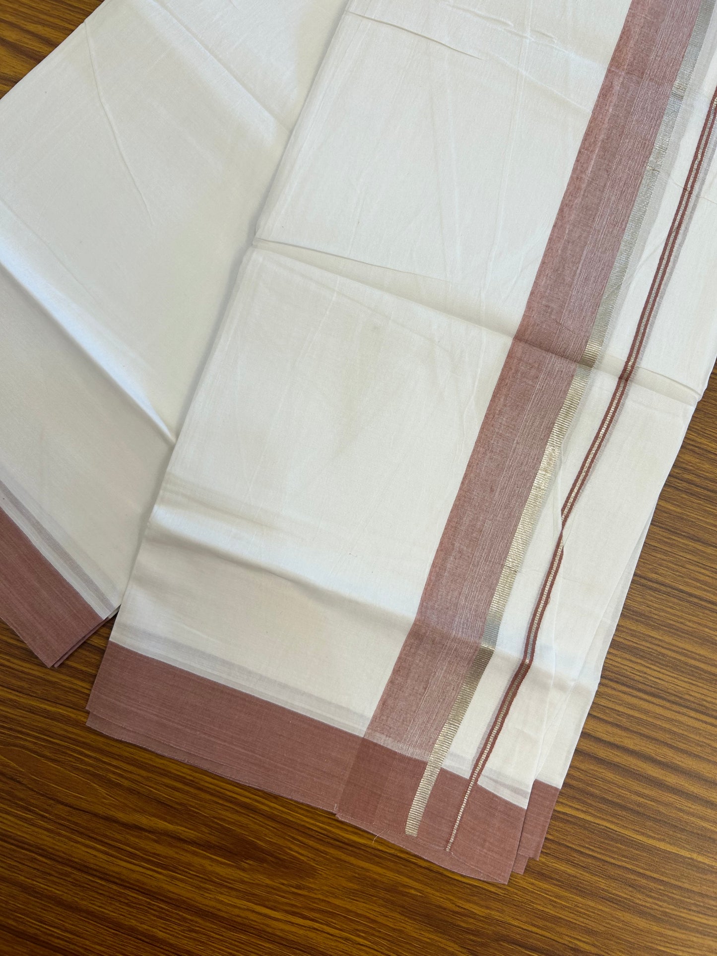 Short Dhoti Special - 28% Discount ! KaithariKada 100% Cotton Pure White Double Mundu / Dhoti - 100x80 - 45 inch Height 3.80 m Length  1.5 inch Brown Maroon Silver Kasav kara - 9 KK 5256 THI