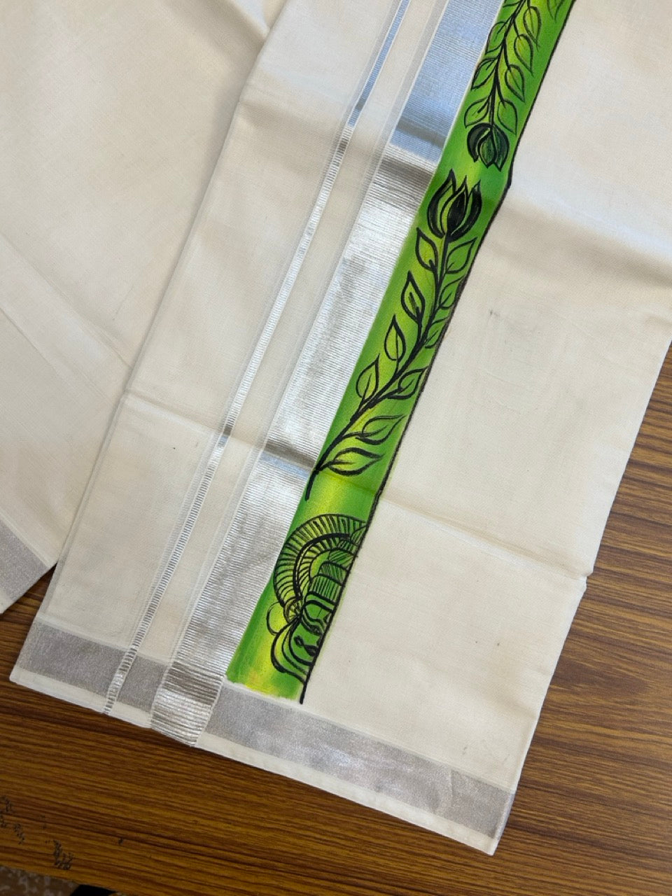 24% Discount! KaithariKada 100% Cotton Double Off white - (Ubleached) Mundu / Dhoti - 100x80 1 inch Silver Kasavu & Hand Painted Flower Kathakali - 9 KK5259 CKS