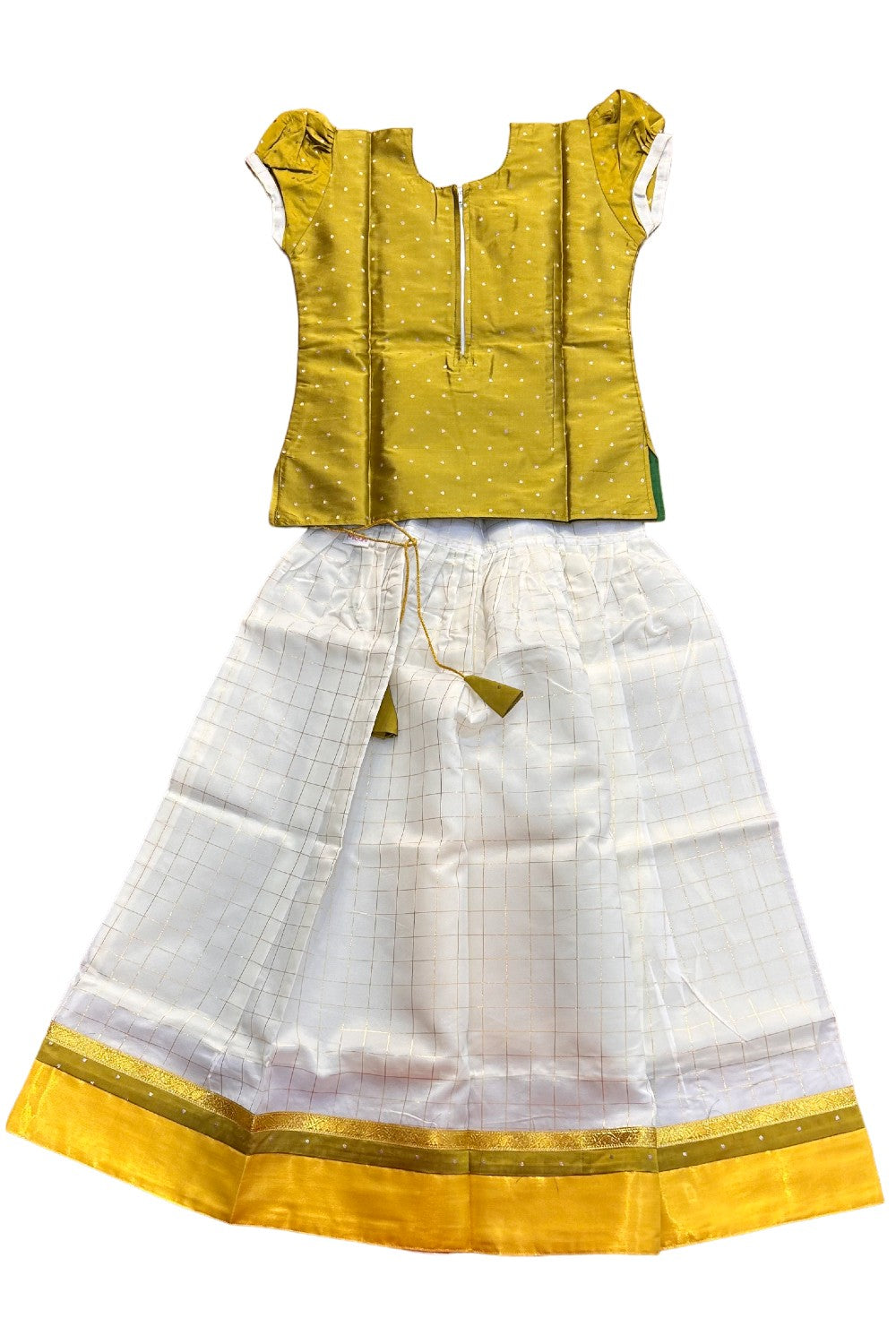 Midukki-Traditional South Indian Kids Pattu Pavada- Olive green top offwhite check skirt with kasavu- Age 10 - KK10MID009