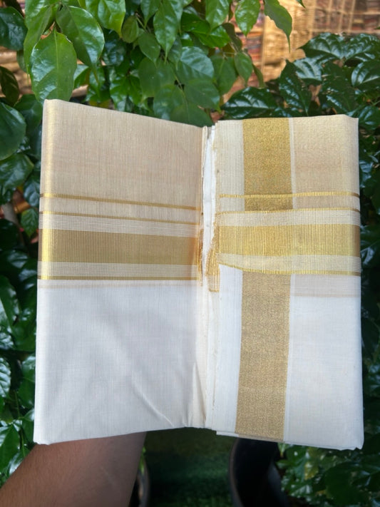 25% Discount ! KaithariKada Handloom Milpaav Balaramapuram - Pure Cotton Off White - (Unbleached) Double Mundu/Dhoti - (80X90s) - 7 inch Gold Kasav Striped & Half Tissue Kara - 99 KK5256 RAM
