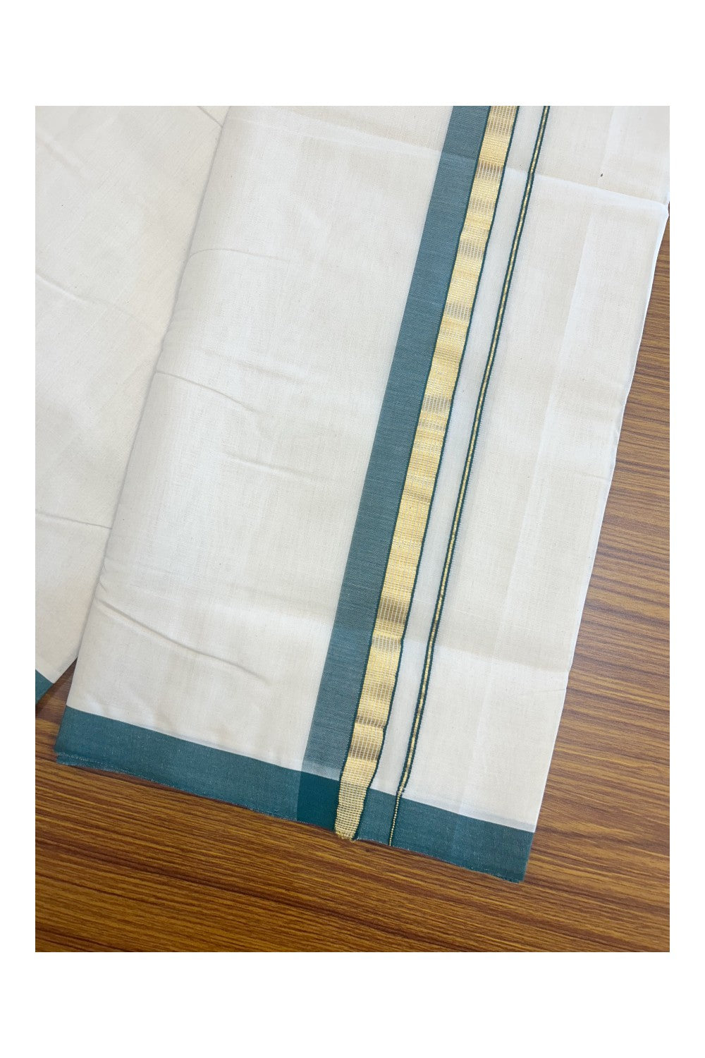31% DISCOUNT!! KaithariKada HANDLOOM Millpaav Balaramapuram - 100% PURE Cotton OFF White Double - (Unbleached) Mundu/Dothi - 1.75 Inch Gold Kasav Green kara - 9kk5153RAM