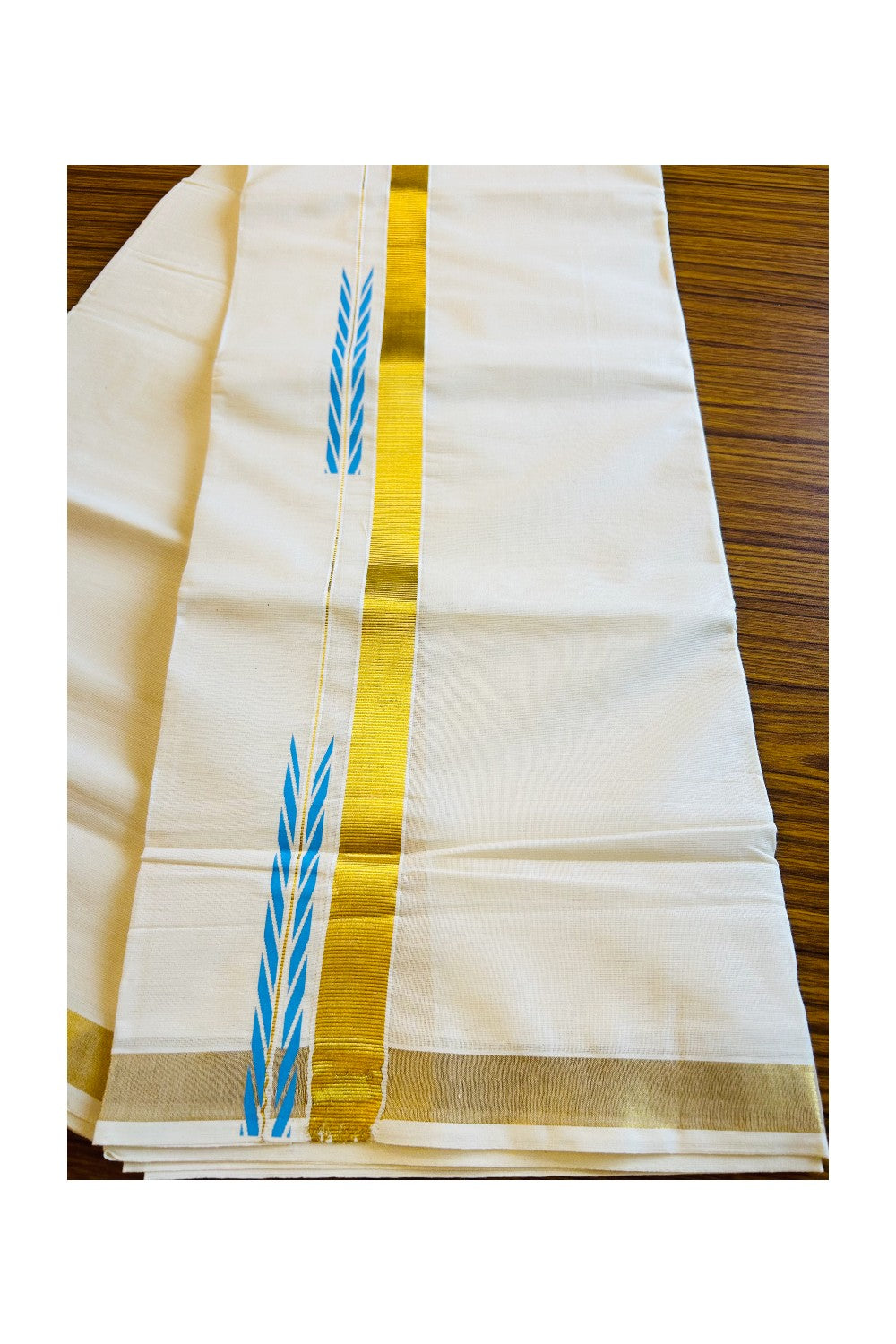 15% DISCOUNT!!! KaithariKada Balaramapuram 100%  Cotton off white Double - (Unbleached) Mundu/Dhoti - 80X72  GOLD KASAVU & Sky Blue CHUTTY Kara - 9KK402VIN