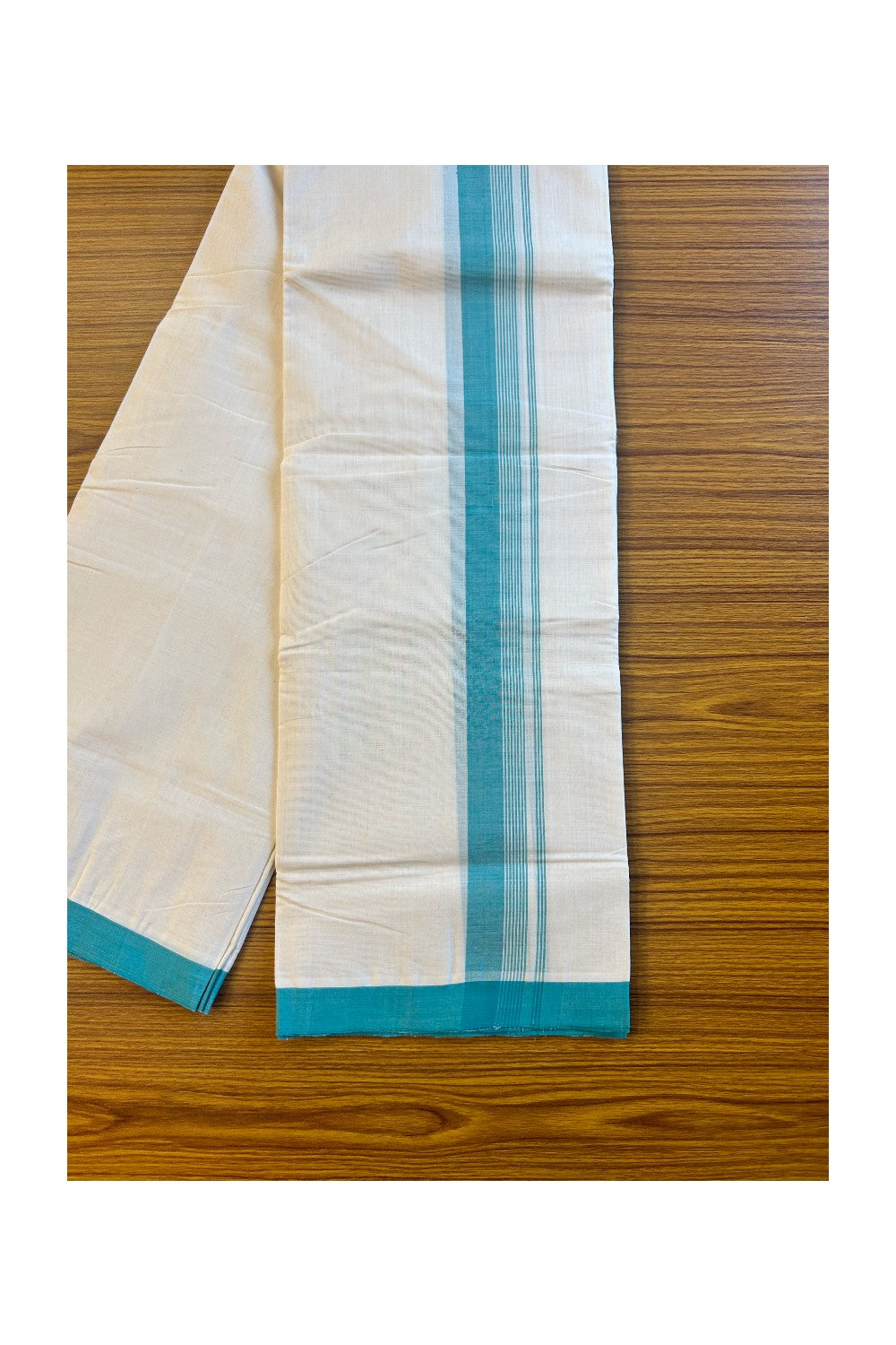 30% DISCOUNT!! KaithariKada HANDLOOM Millpaav Balaramapuram - 100% PURE Cotton OFF White (Unbleached) Double Mundu/Dothi - 2 inch Blue green side striped kara 3.75 meters (8 Muzham) - 9KK409RAM
