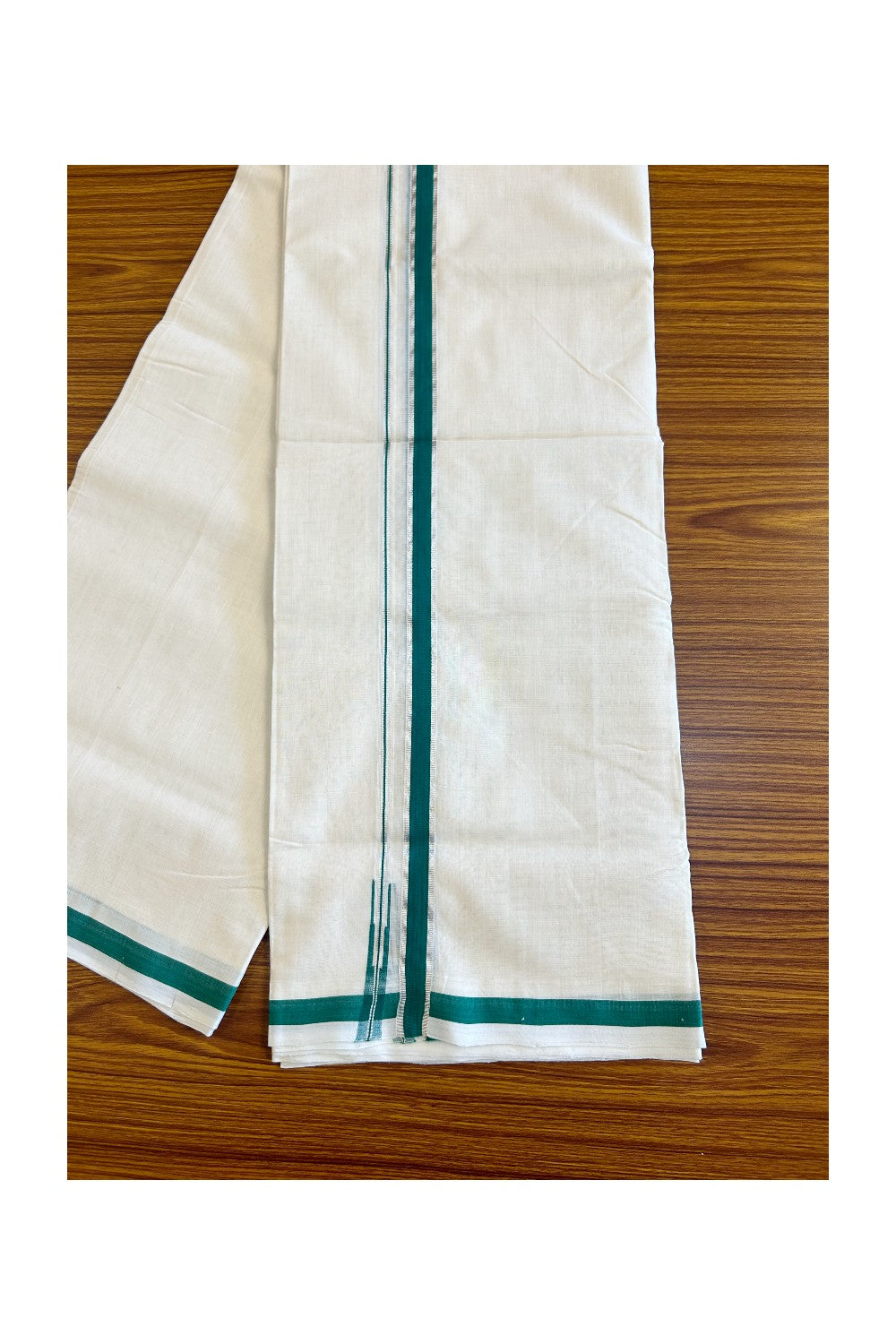 23% Discount!!! KaithariKada HANDLOOM UNAKKUPAAV Balaramapuram - 100% PURE Cotton off white (Unbleached) Double Mundu/Dhoti - 2 cm Silver kasavu & green puliyilakkara chutty - 9KK458SOM