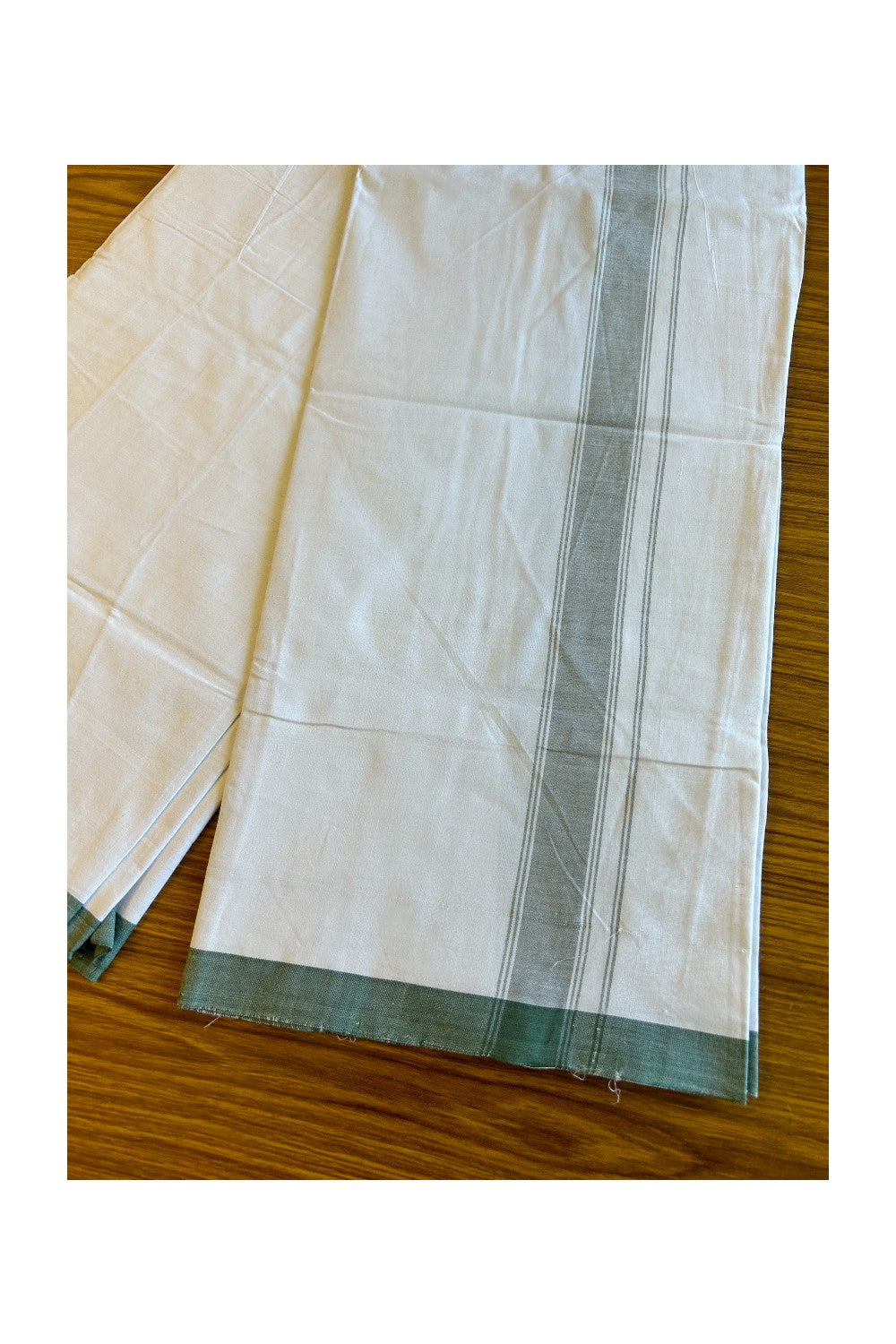 Ultimate HANDLOOM-19% Discount! - Kaitharikada Kalamachal-Government Sealed HALLMARKED-100% PURE COTTON! (80x80) Twisted Thread- Light WHITE SINGLE Mundu / Dhoti -1.85 inch Light Green Striped Kara - 9KK478KAL