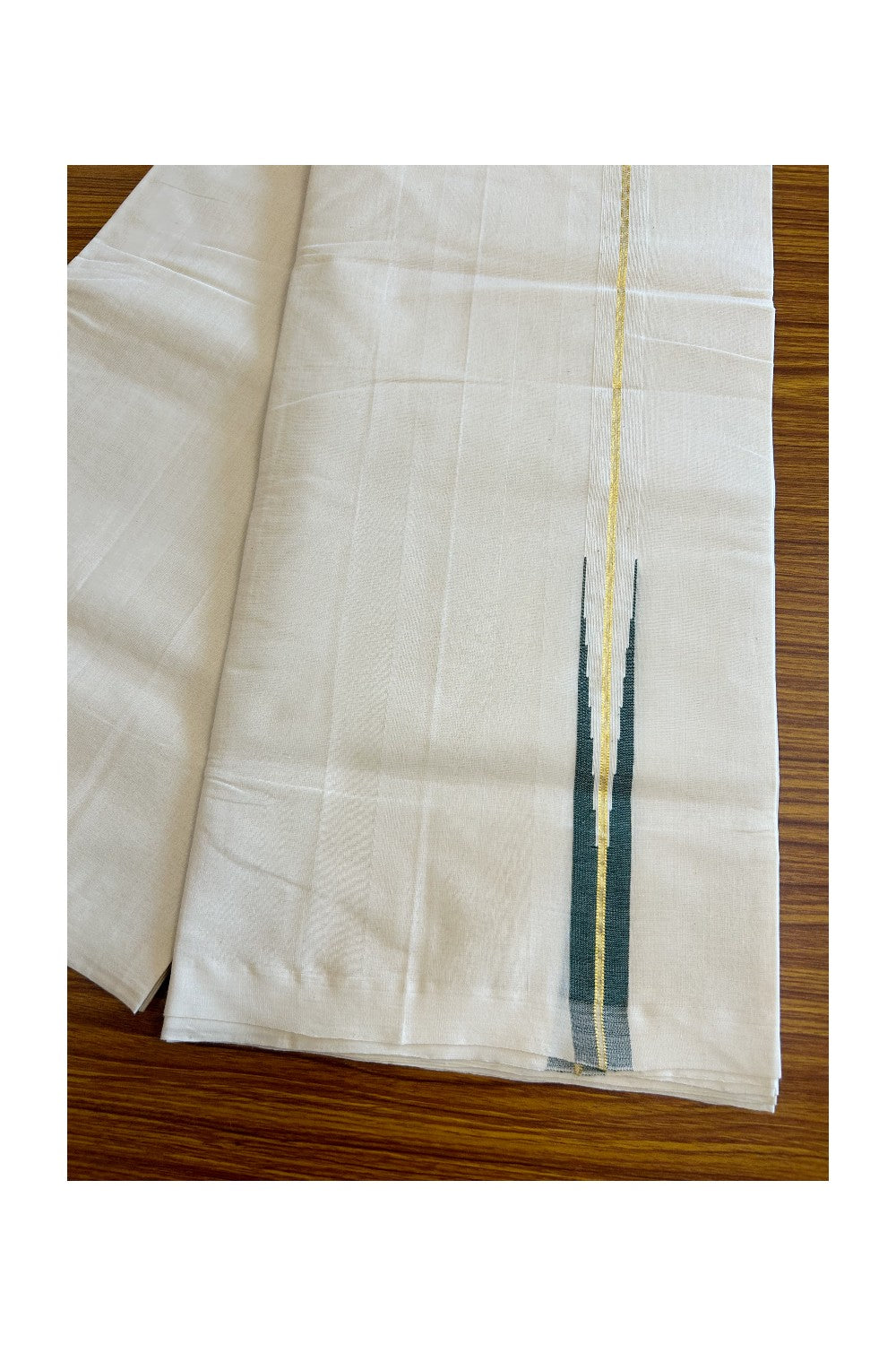 30% DISCOUNT!! KaithariKada HANDLOOM Millpaav Balaramapuram - 100% PURE Cotton OFF White - (Unbleached) Double Mundu/Dothi - 2 cm puliyilakkara Kasavu & Dark green chutty - 9KK5029RAM