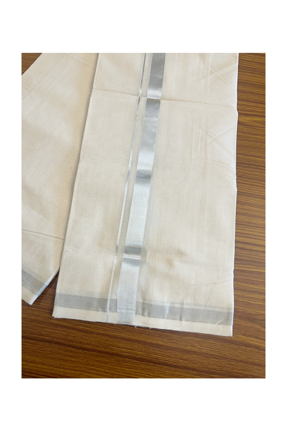30% DISCOUNT! KaithariKada HANDLOOM unakkupaav Balaramapuram - 100% PURE Cotton Off White (Unbleached) -  Double Mundu/Dhoti - Silver Kasavu 1.5 inch Kara- 14