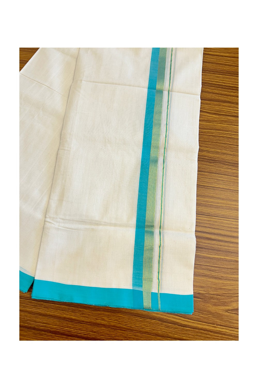 30% Discount KaithariKada HANDLOOM Unakkupaav Balaramapuram - 100% PURE Cotton Off White (Unbleached) Double Mundu/Dhoti -  1.75 inch Kasavu & Turquoise Blue-211