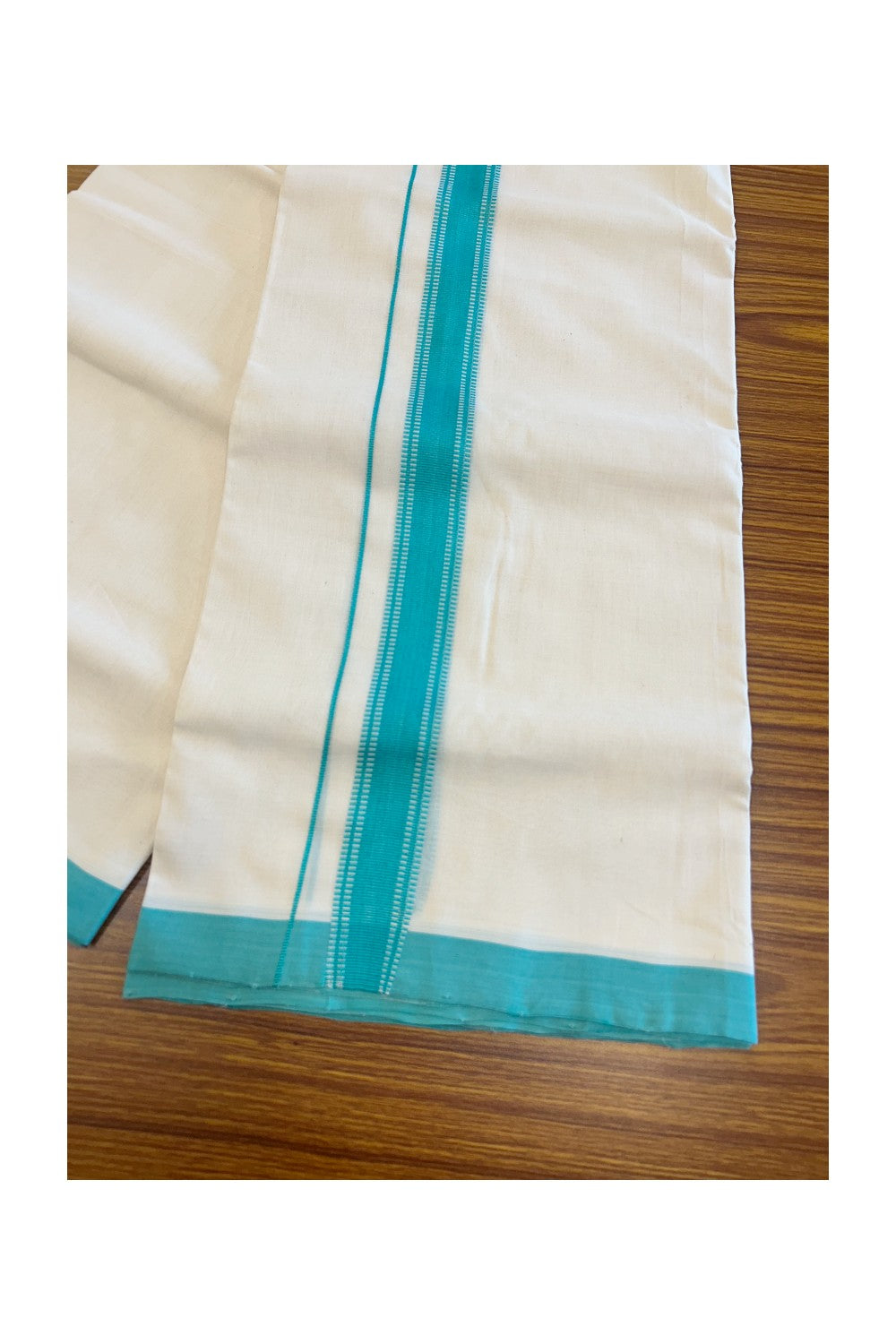 25% DISCOUNT!! KaithariKada HANDLOOM UNAKKUPAAV Balaramapuram - 100% PURE Cotton OFF White Double - (Unbleached) Mundu/Dothi - 1.75 inch Turquoise Design Kara - 9KK5049REA