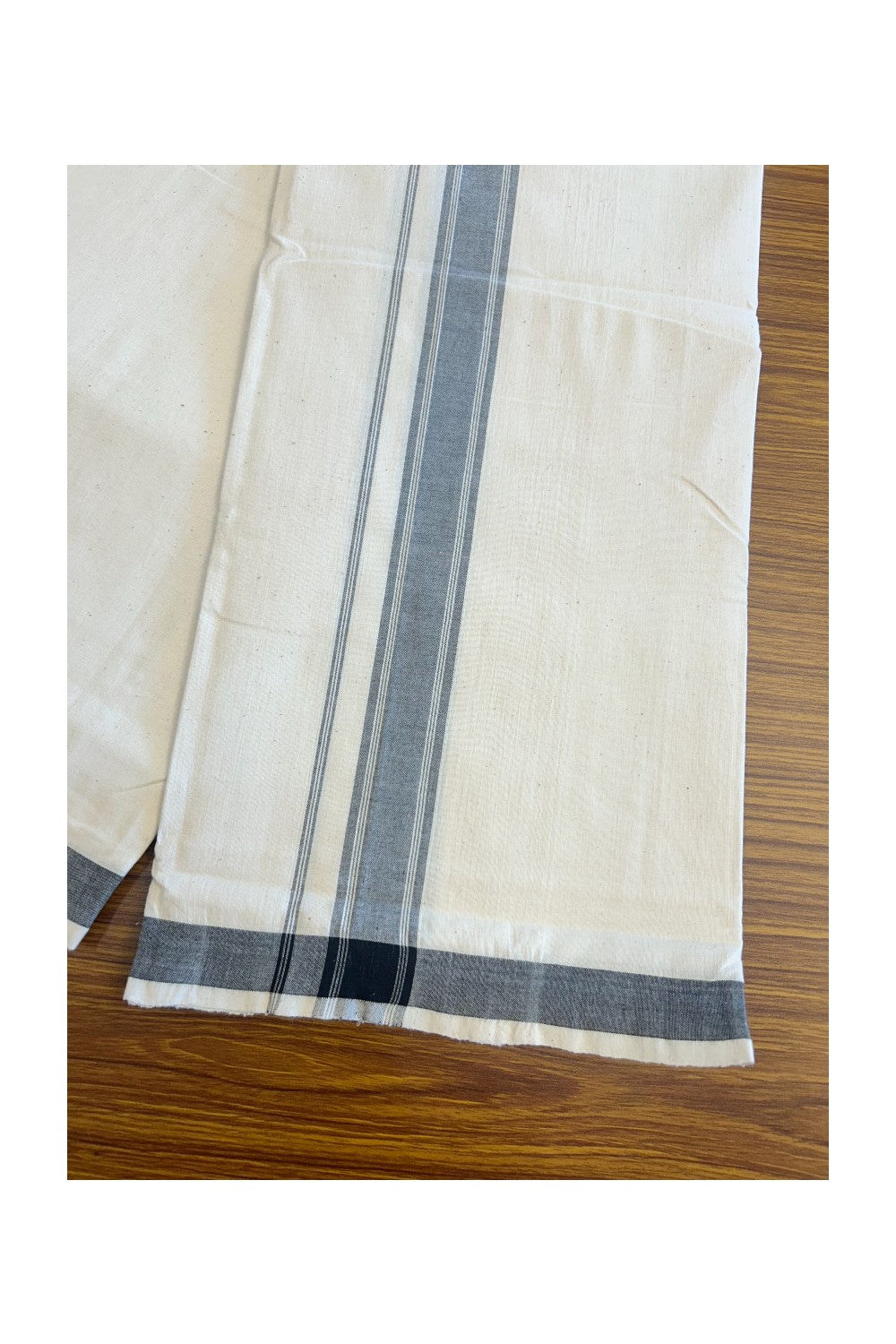 30% Discount KaithariKada 100% Cotton Balaramapuram HANDLOOM Single Mundu/Dhoti - Off White (Unbleached) 2 inch (2 meter / 4 muzham) Black Kara Stripes-323