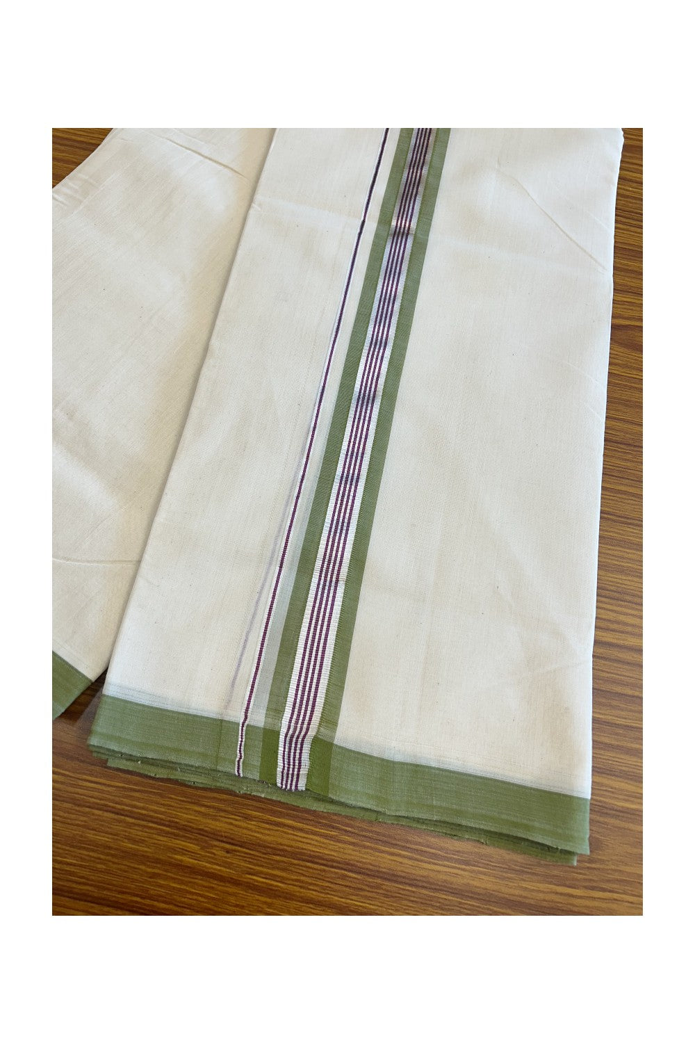25% DISCOUNT!! KaithariKada HANDLOOM Millpaav Balaramapuram - 100% PURE Cotton OFF White - (Unbleached) Double Mundu/Dothi - 2 Inch Light Green & Purple silver Kasavu Striped Kara - 9KK5056RAM