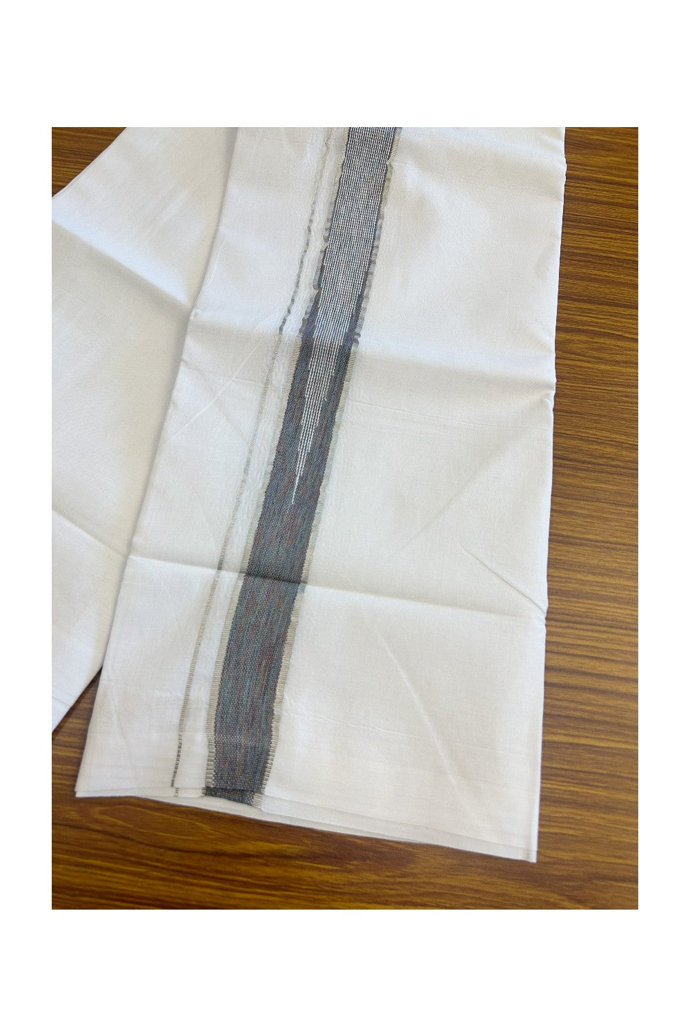 19% Discount!!! KaithariKada Balaramapuram  PURE WHITE Double Mundu/Dhoti - 80X90 - 2 inch Silver kasavu Multi colour  heavy chutty kara 3.75 meters (8 Muzham) - 9KK5058GUN