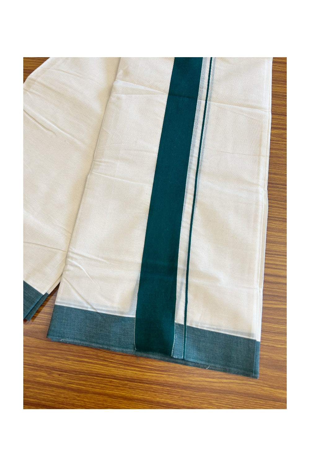 39% DISCOUNT! KaithariKada Balaramapuram 100% Cotton Double Off white - (Unbleached) - Mundu/Dhoti- 100X100- 2.25 inch Green Kara- 39