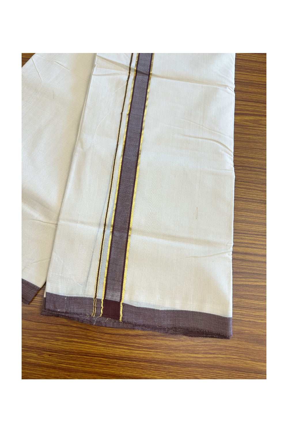 30% DISCOUNT! KaithariKada BALARAMAPURAM HANDLOOM Unakkupaav- 100% PURE Cotton 100x100 Double Mundu/Dhoti OFF WHITE (Unbleached) 3.8 mtr (8 Muzham)- Brown & Kasavu Kara