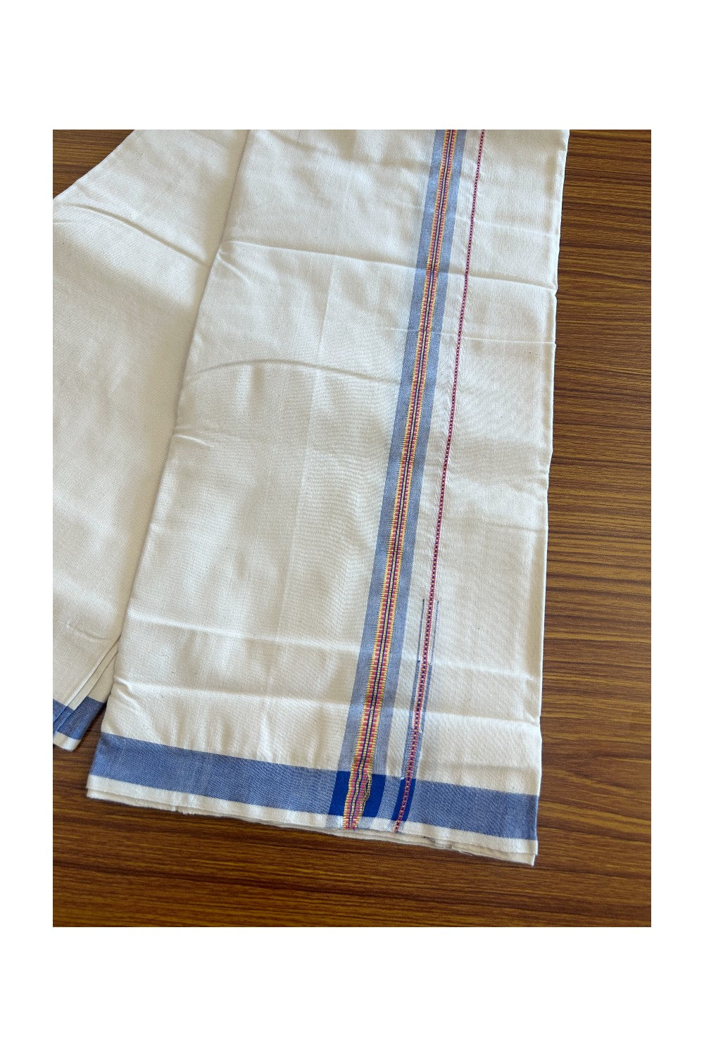 30% Discount ! KaithariKada 100% Cotton Balaramapuram HANDLOOM Single Mundu/Dhoti - Off White (Unbleached) 1.Inch (2 meter / 4 muzham) Blue & Red Stripes Kasavu Puliyilakkara Chutty- KAIHS001.