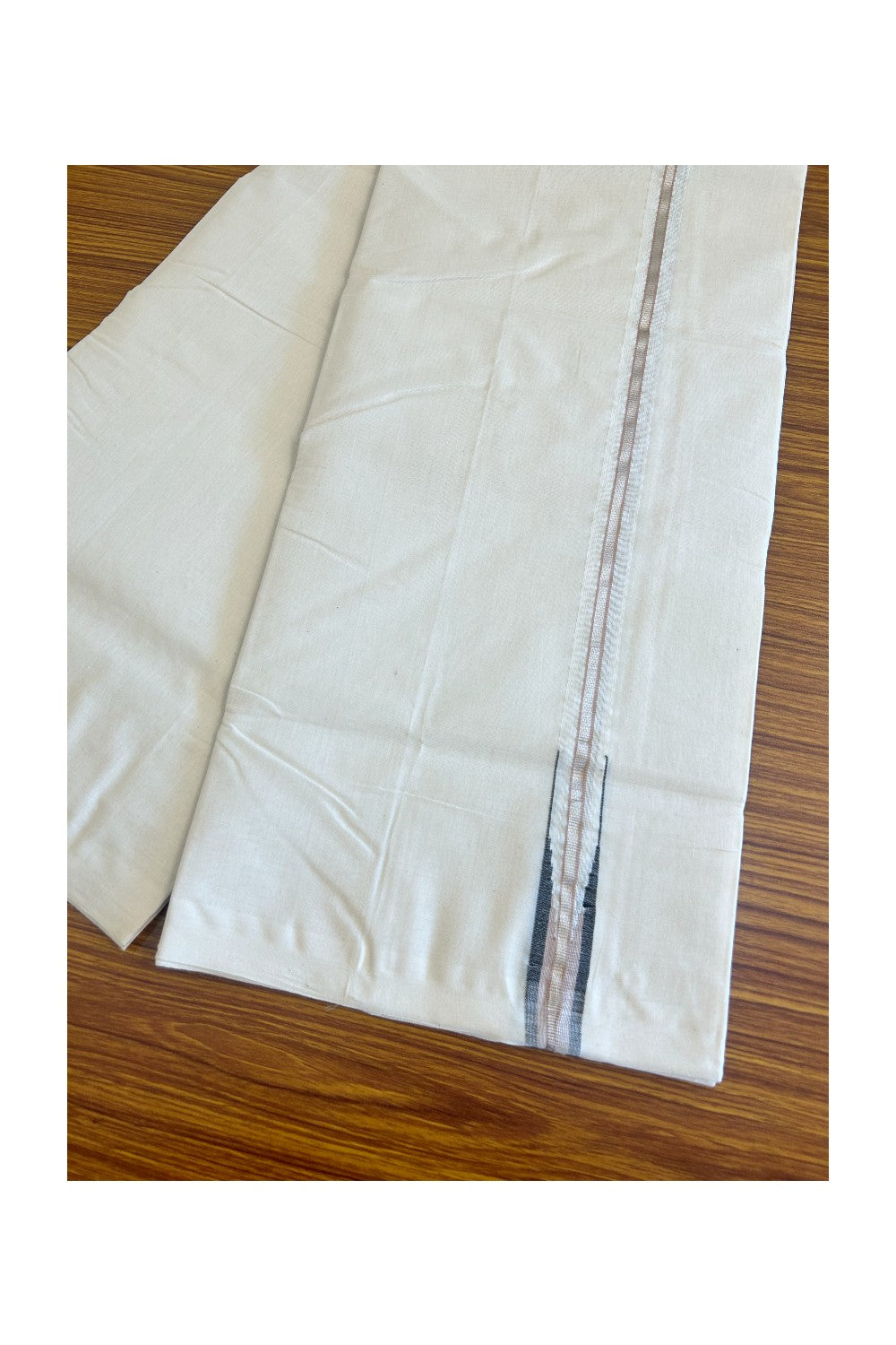 21% DISCOUNT!! KaithariKada HANDLOOM Millpaav Balaramapuram - 100% PURE Cotton OFF White - (Unbleached) Double Mundu/Dothi - 1inch Puliyilakkara Silver kasavu  Black & Cream chutty - 9KK506RAM