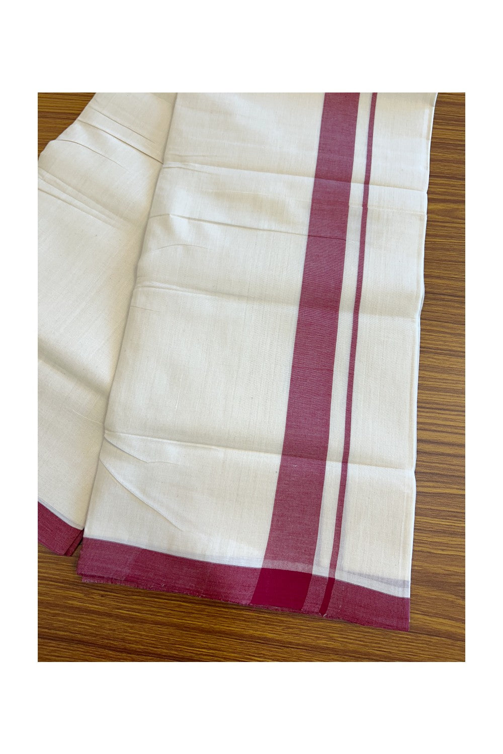25% Discount! KaithariKada HANDLOOM UNAKKUPAAV Balaramapuram - 100% Cotton Double OFF White (Unbleached) - Mundu/Dhoti - 100x100 2 inch Mraroon Kara - 8KK5096YAR