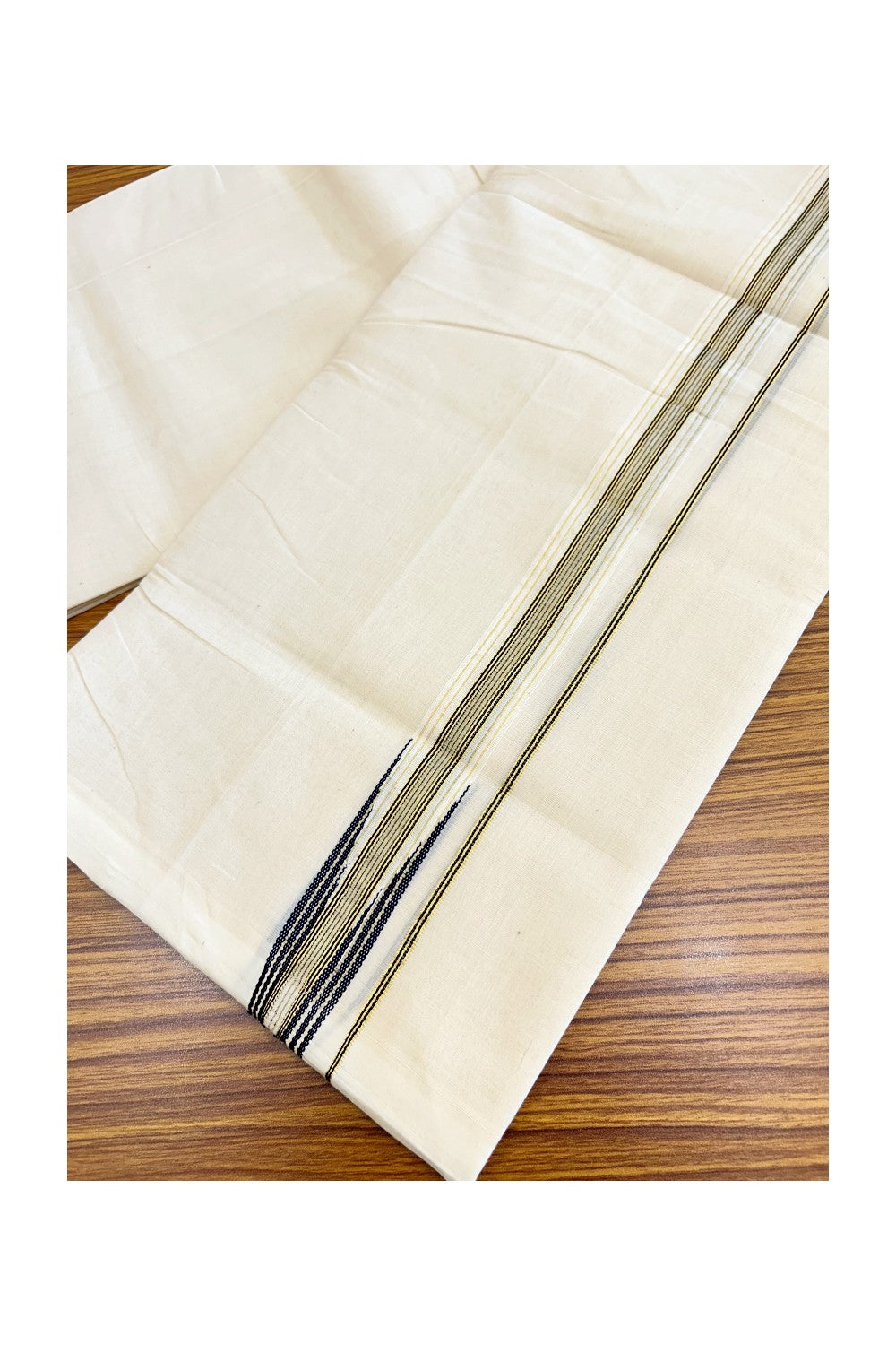 30% DISCOUNT!! KaithariKada HANDLOOM Millpaav Balaramapuram - 100% PURE Cotton OFF White Double - (Unbleached)Mundu/Dothi - 1.25 inch Puliyilakkara Kasavu & Navy Blue Striped Chutty - 9KK5123RAM