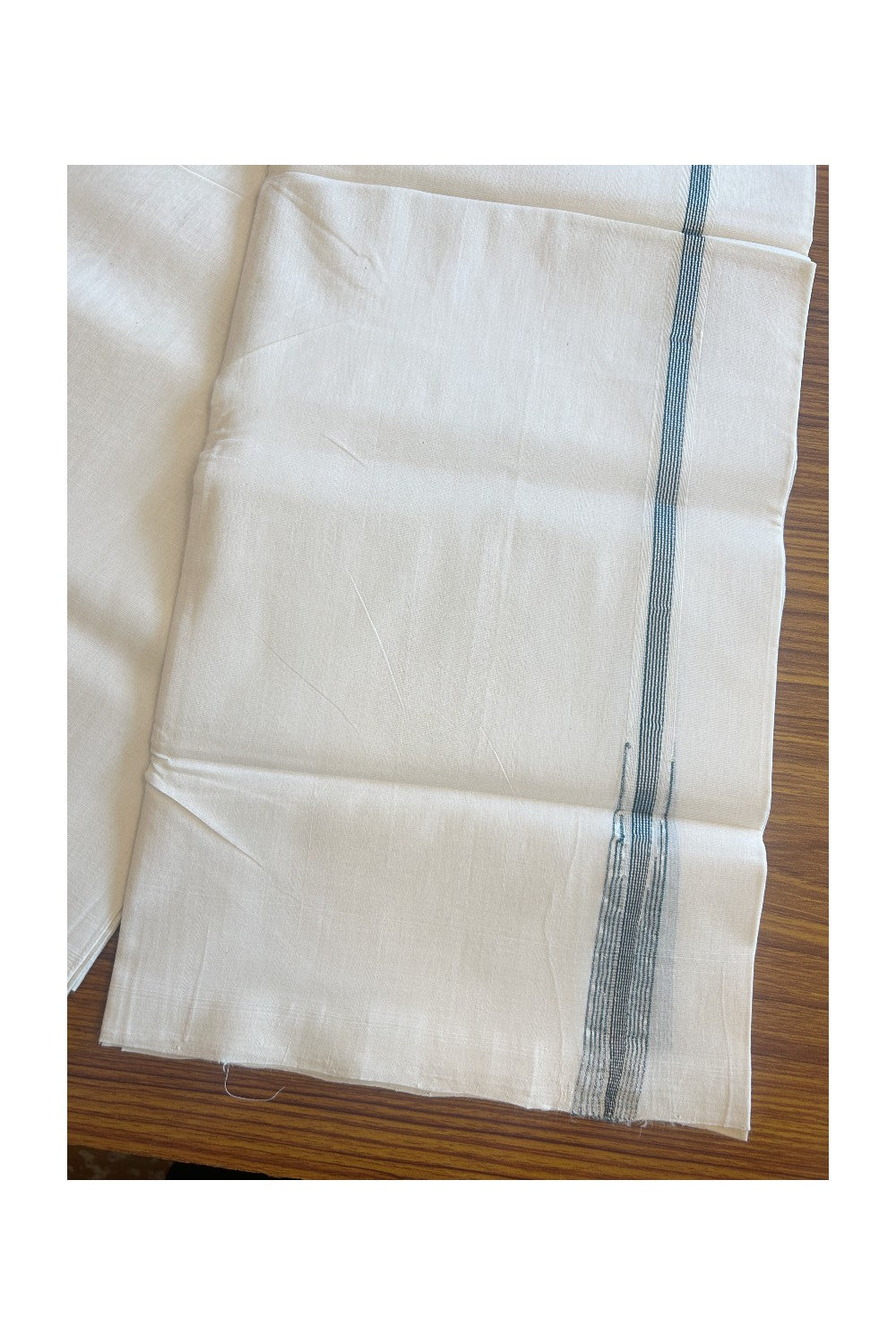 30% DISCOUNT!! KaithariKada HANDLOOM UNAKKUPAAV Balaramapuram - 100% PURE Cotton OFF White - (Unbleached) Double Mundu/Dothi - 0.75 inch Green & Silver Striped puliyilakkara chutty - 9KK5128YAR