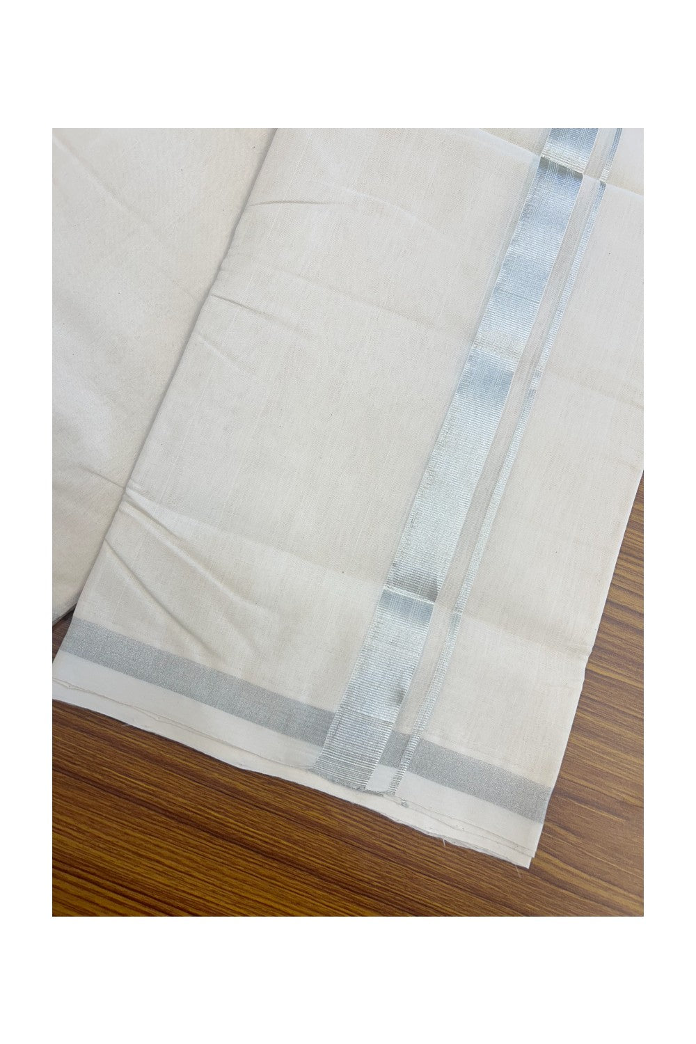 25% DISCOUNT! KaithariKada HANDLOOM Millpaav Balaramapuram - 100% PURE Cotton Off White - (Unbleached) Double Mundu/Dhoti - 2.5 cm Silver Kasavu Striped kara - 9KK5136RAM