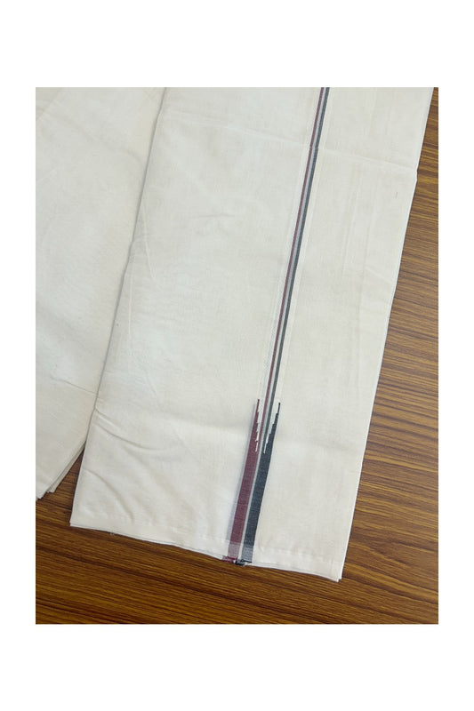 ADMK VESTHI 22% DISCOUNT ! KaithariKada Balaramapuram 100% COTTON DOUBLE OFF WHITE (Unbleached) Mundu/Dhoti-100X100- 0.75 Inch  Puliyilakkara Maroon & Black Chutty Kara - 9KK5140ASH
