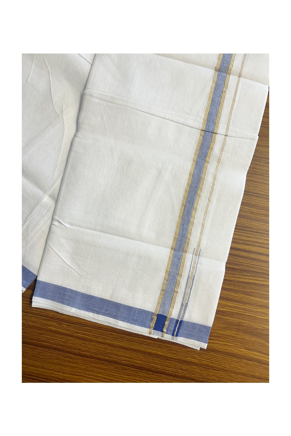 SIGNATURE KAITHARIKADA EXCLUSIVE SINGLE DHOTI - 20% Discount!!  100% Cotton Balaramapuram HANDLOOM Single Mundu/Dhoti - PURE WHITE - 1 inch Lavender Blue & Gold striped kara  (2 meters /4 muzham) - 7KK5146KAI