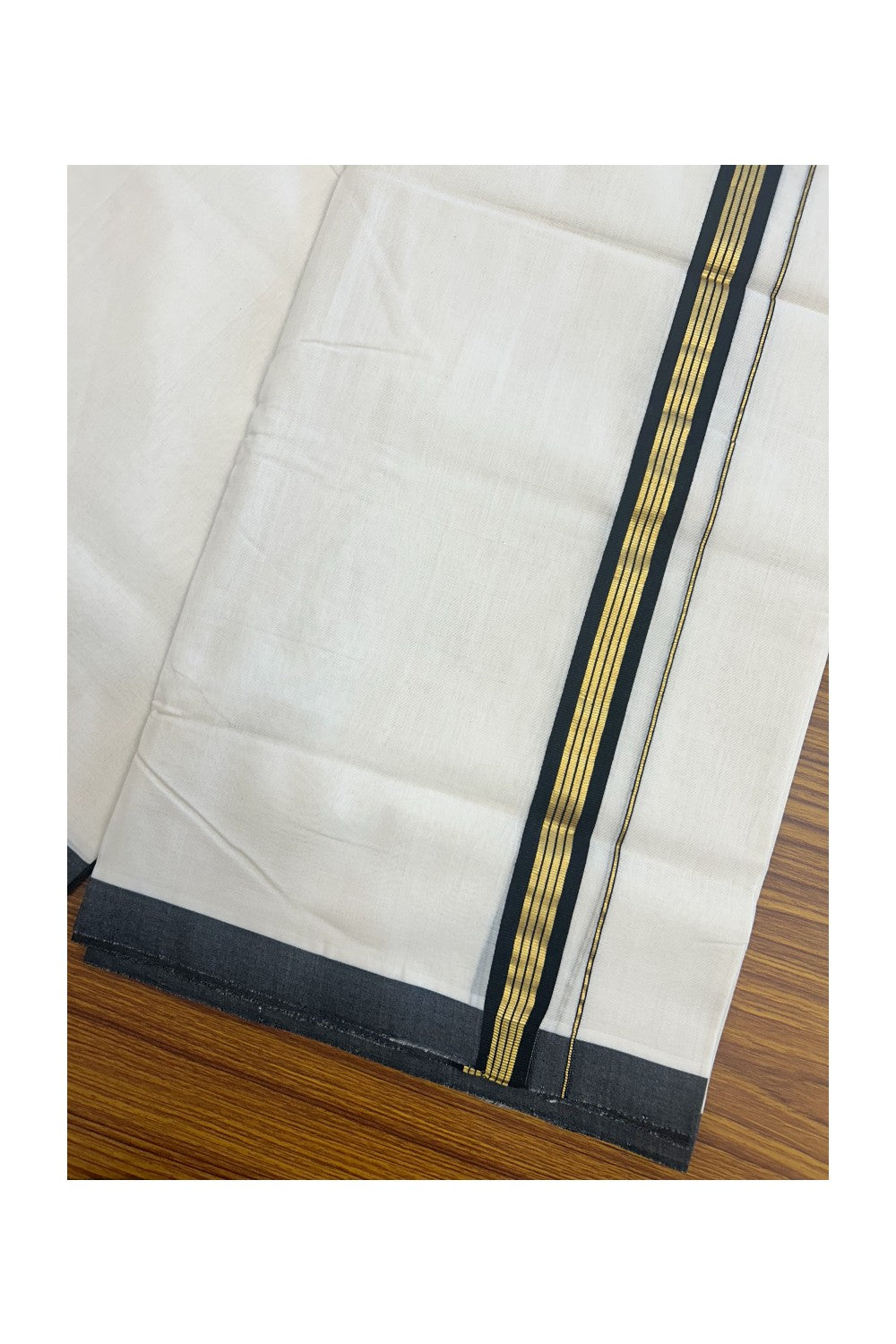 30% DISCOUNT!! KaithariKada HANDLOOM UNAKKUPAAV Balaramapuram - 100% PURE Cotton OFF White Double - (Unbleached)- Mundu/Dothi - 1 inch Black & Gold Kasavu Striped Kara 4.5 Meters (10 Muzham) - 9KK5160REA