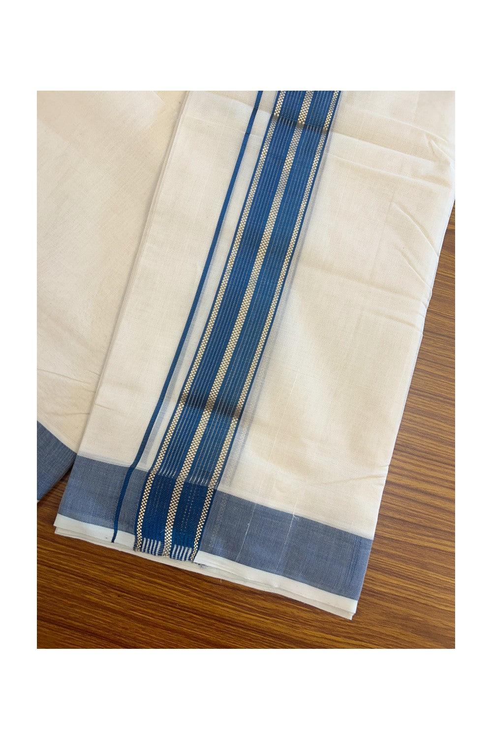27% DISCOUNT!! KaithariKada HANDLOOM millpaav Balaramapuram - 100% PURE Cotton OFF White - (Unbleached) Double Mundu/Dothi - 2 inch Peacock blue colour kasavu  & Gold Kasavu Striped kara - 6KK5162RAM