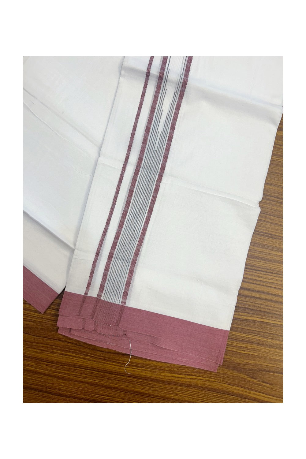 20% DISCOUNT! KaithariKada Balaramapuram DOUBLE PURE WHITE 100% Cotton Mundu/Dhoti - 100x80 - 1.5 inch Dark Peach Putta Design Chutty Kara - 9KK5174THI