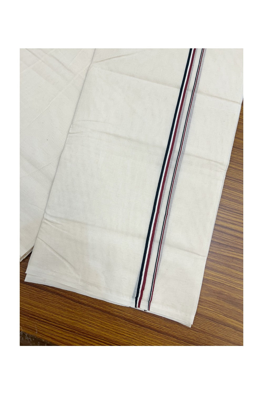 ADMK VESHTI - 17% DISCOUNT! KaithariKada 100% Cotton off white Double - (Unbleached) Mundu/Dhoti - 100X100 - 0.5 inch Black White & Maroon kara - 9KK5178ASH