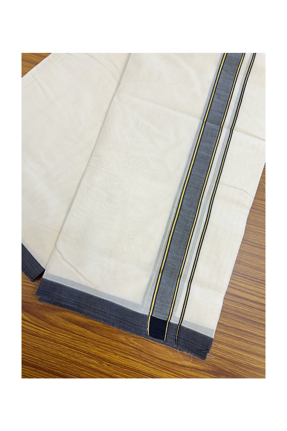 SHORT DHOTI SPECIAL! Kaitharikada.com 30% DISCOUNT! KaithariKada Balaramapuram 100% Cotton  Off white (Unbleached) Double Mundu/Dhoti-100x100 - 1.25 inch Kara & 46 inches Height Navy Blue & Kasavu Striped Kara- 9KK5179ASH